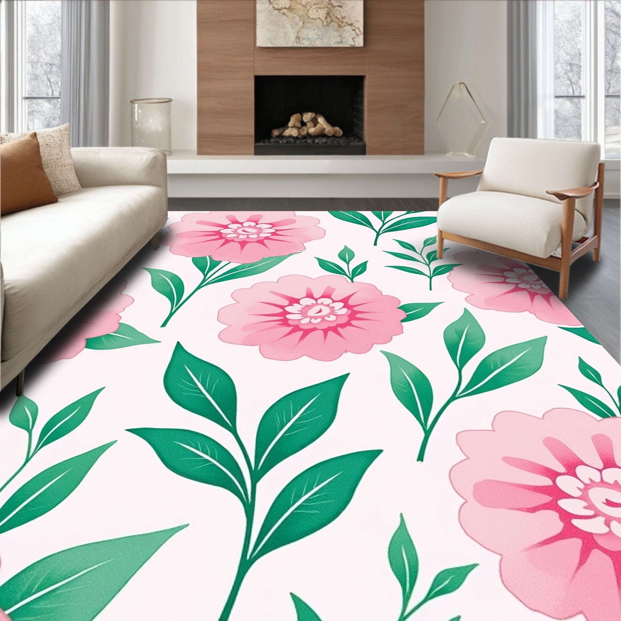 Pink Floral Garden Leaves Rug
