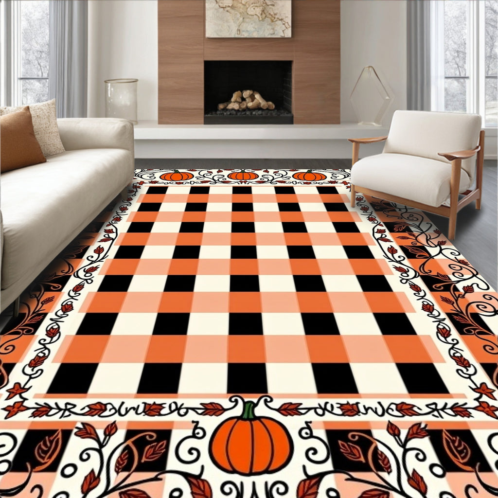 Orange Black Gingham Pumpkin Vine Border Rug