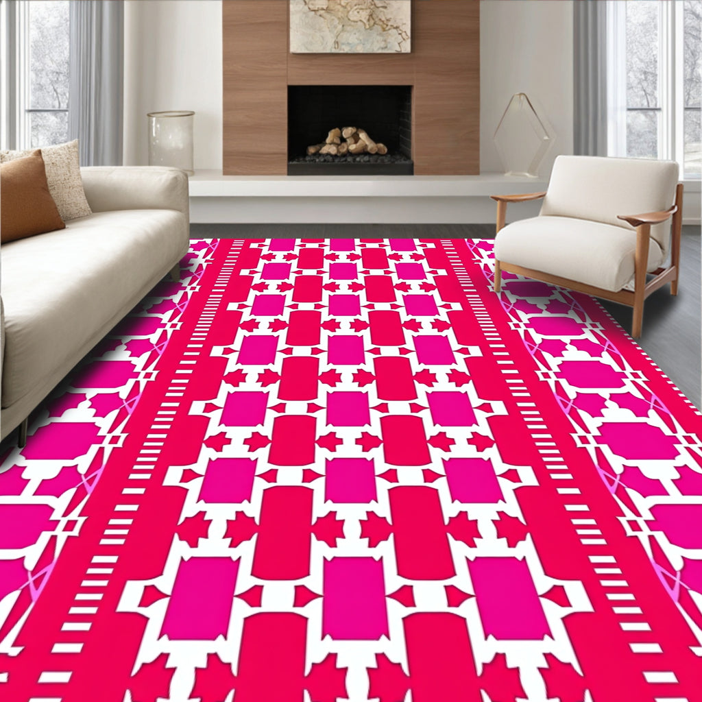 Vibrant Magenta Pink Geometric Border Rug