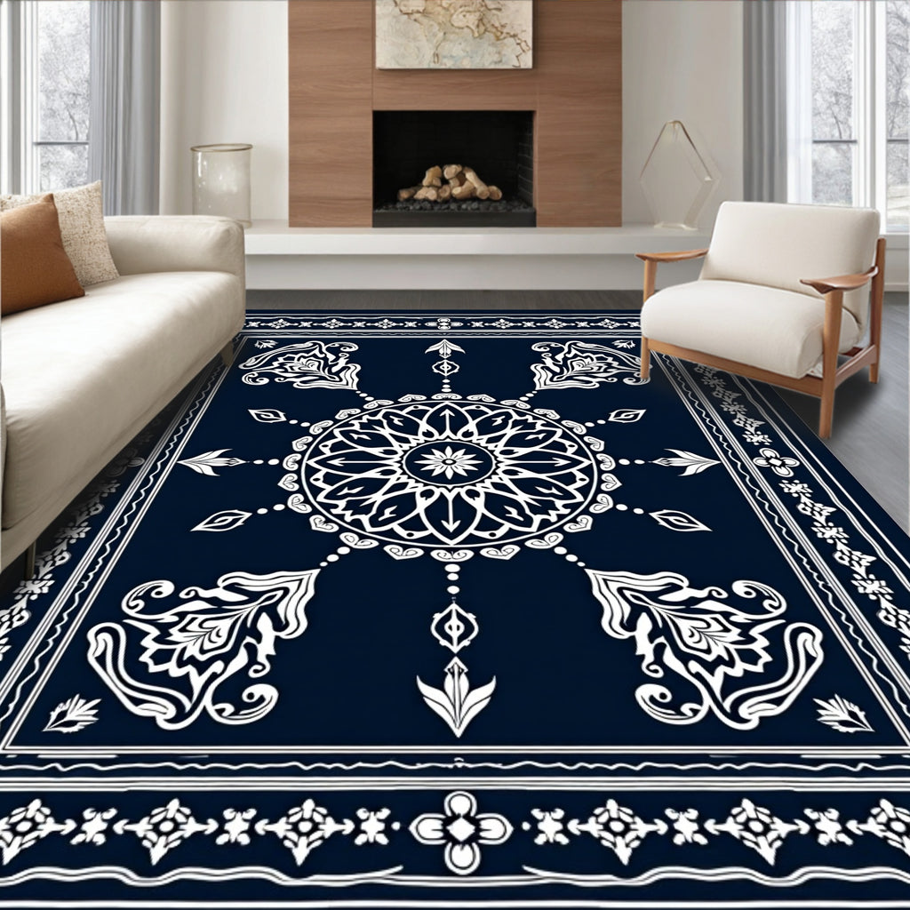 Midnight Blue White Medallion Border Rug