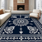 Midnight Blue White Medallion Border Rug
