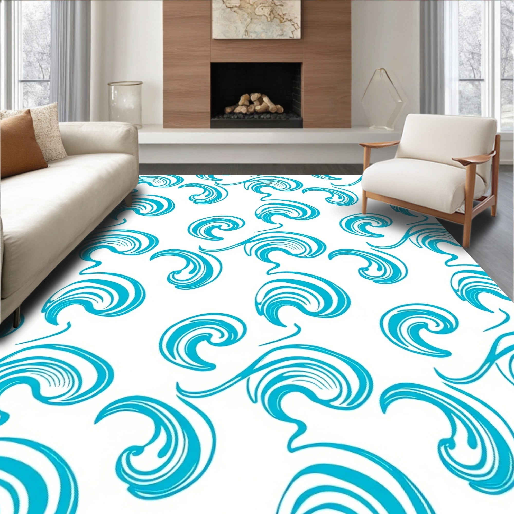 Aqua Swirls on White Background Rug