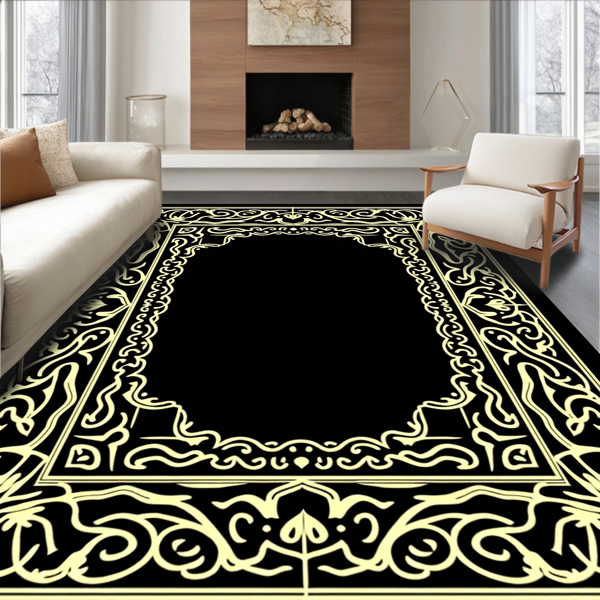 Ornate Yellow Scrollwork Border Rug