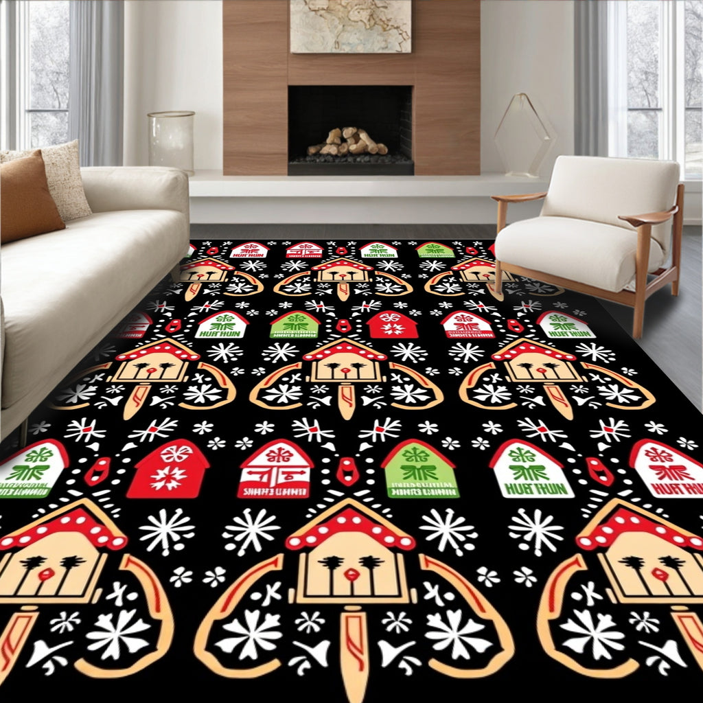 Folk Art Red Houses Snowflake Whimsy Rug