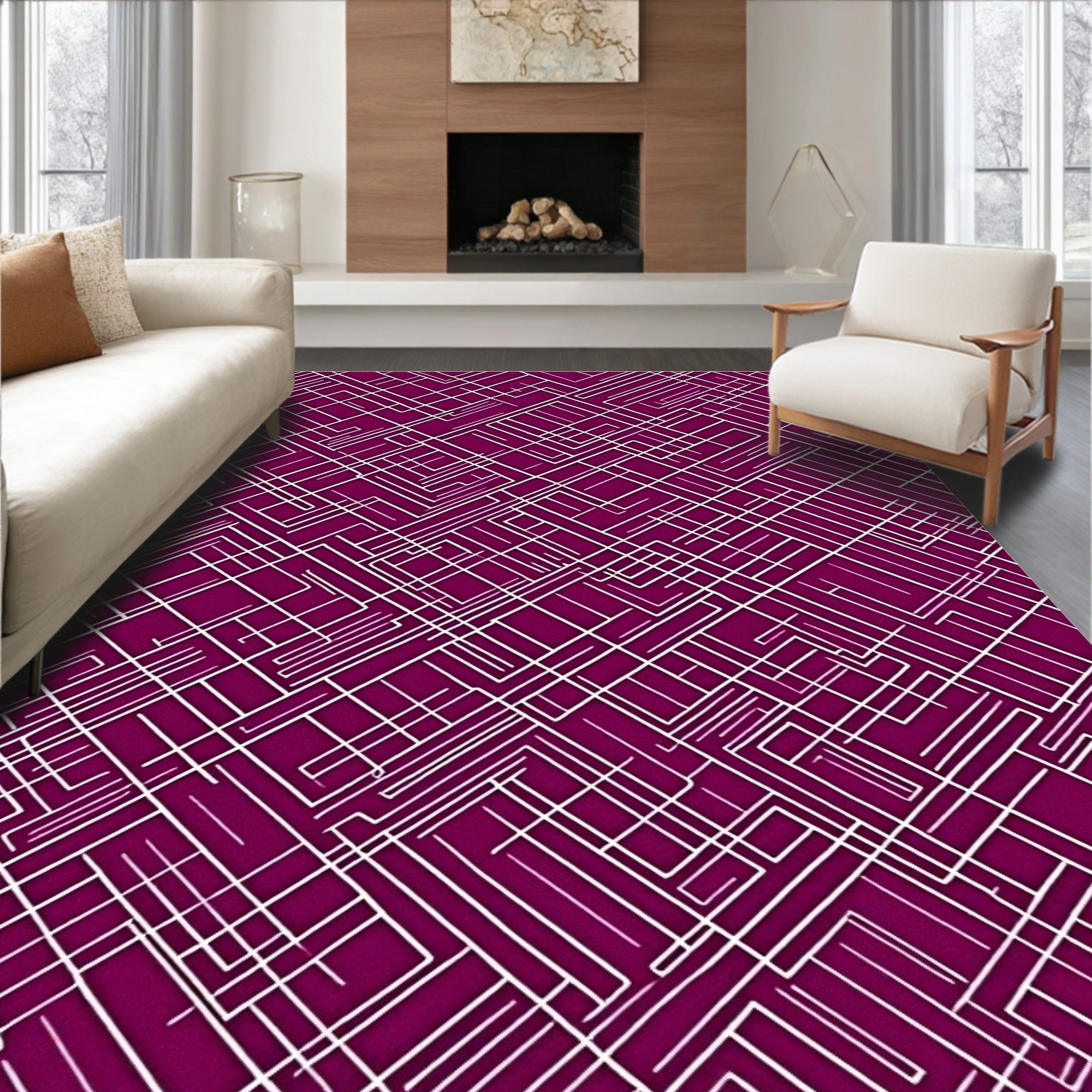 Deep Plum White Geometric Circuit Rug