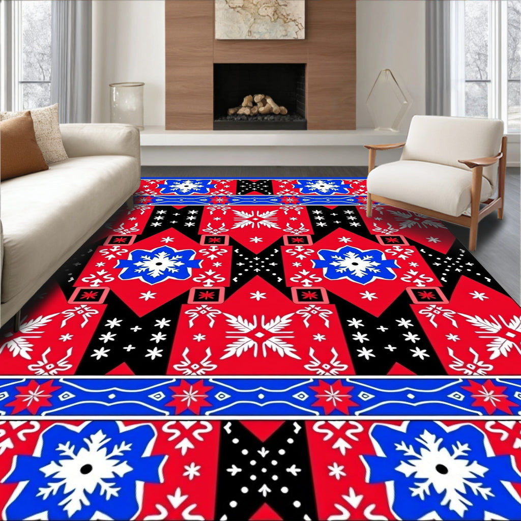 Vibrant Red Blue White Geometric Lattice Rug
