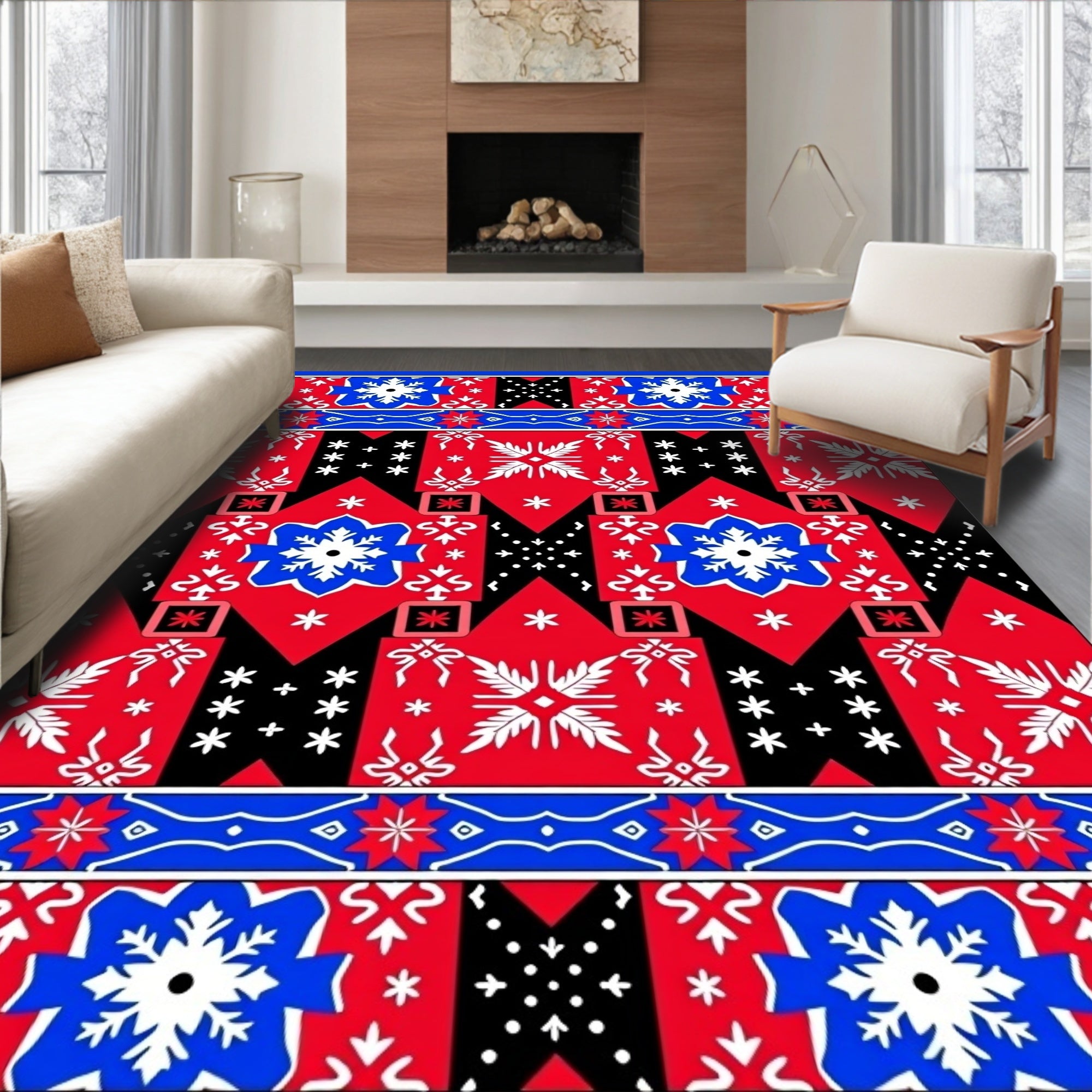 Vibrant Red Blue White Geometric Lattice Rug