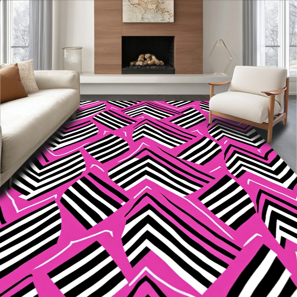Bold Pink Black White Chevron Shapes Rug