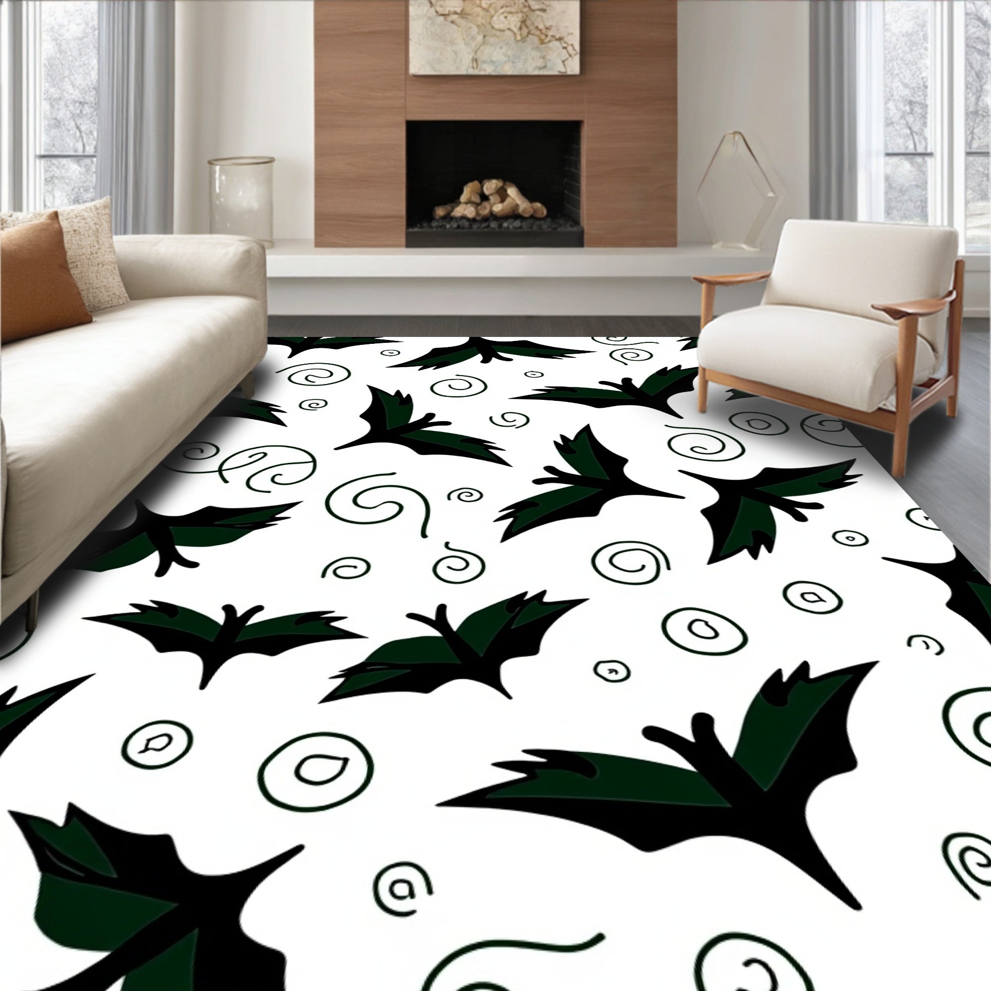 Dark Green Bat Swirl Whimsical Rug