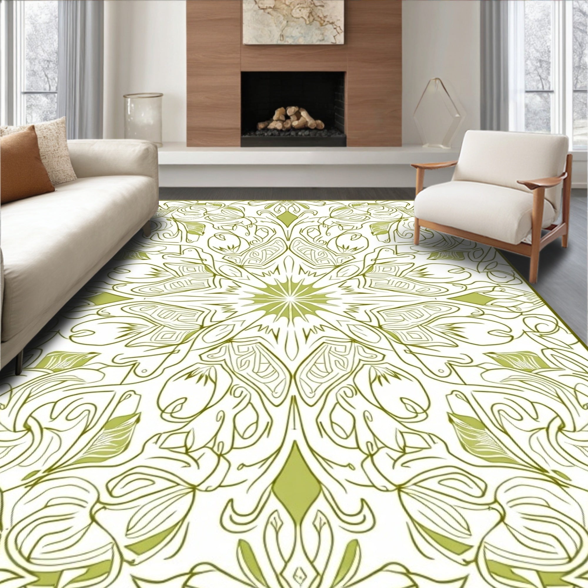 Elegant Olive Green Floral Mandala Rug