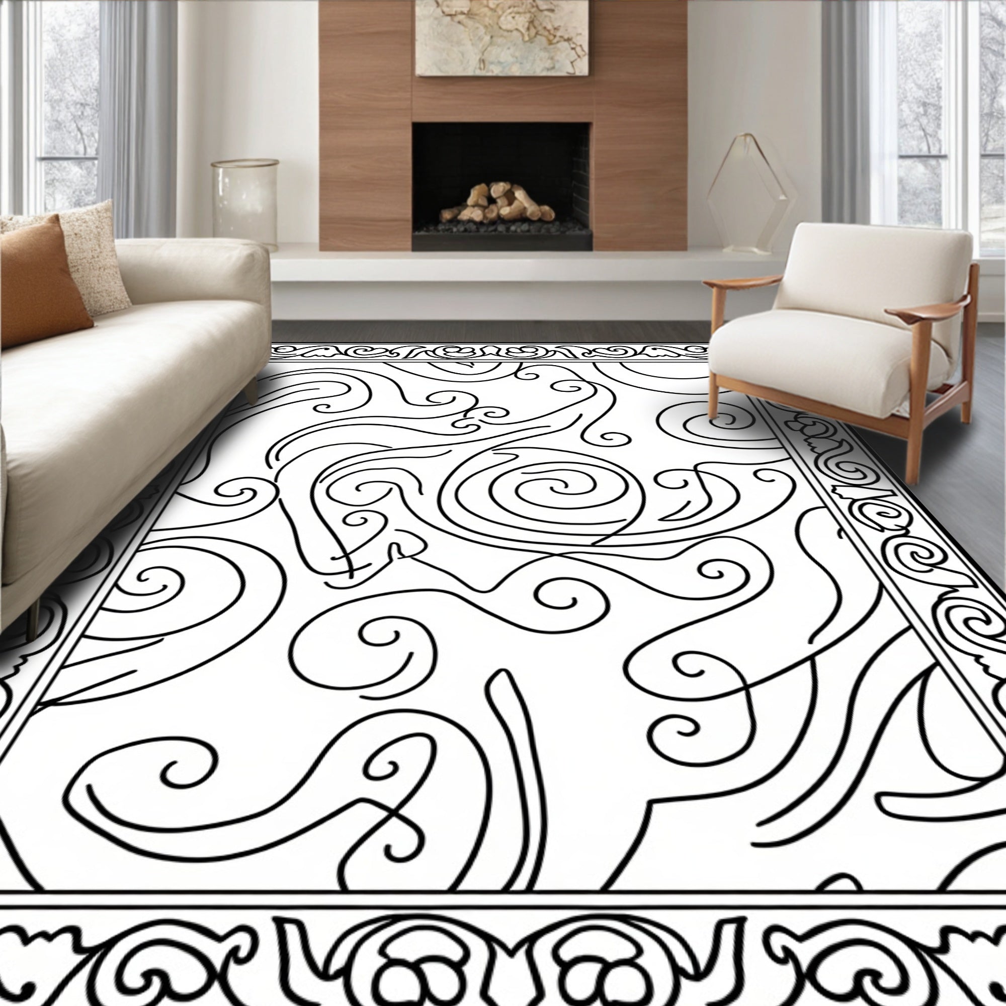 Ornate Black Curlicue Swirl Border Rug