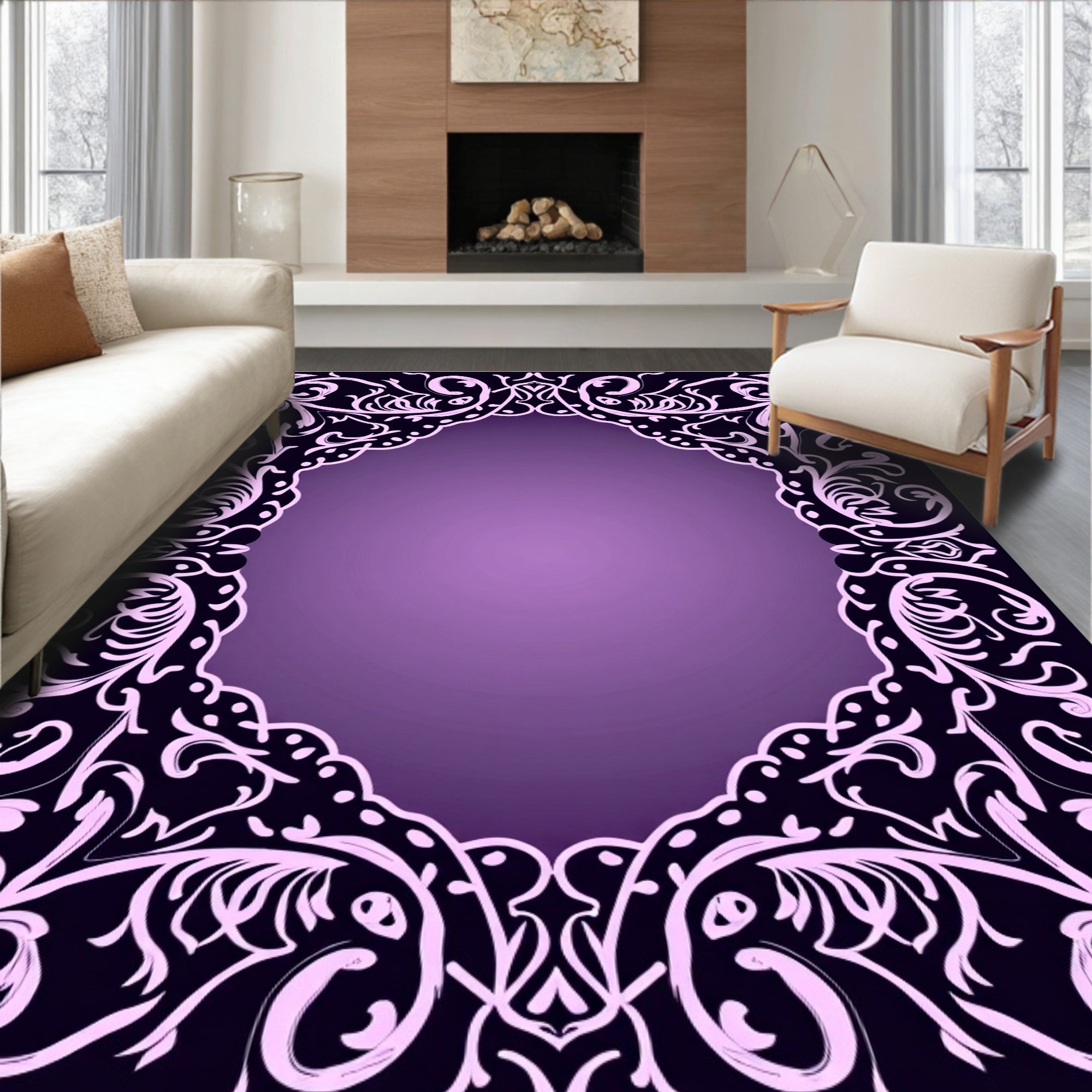 Ornate Violet Scrollwork Overlay Rug