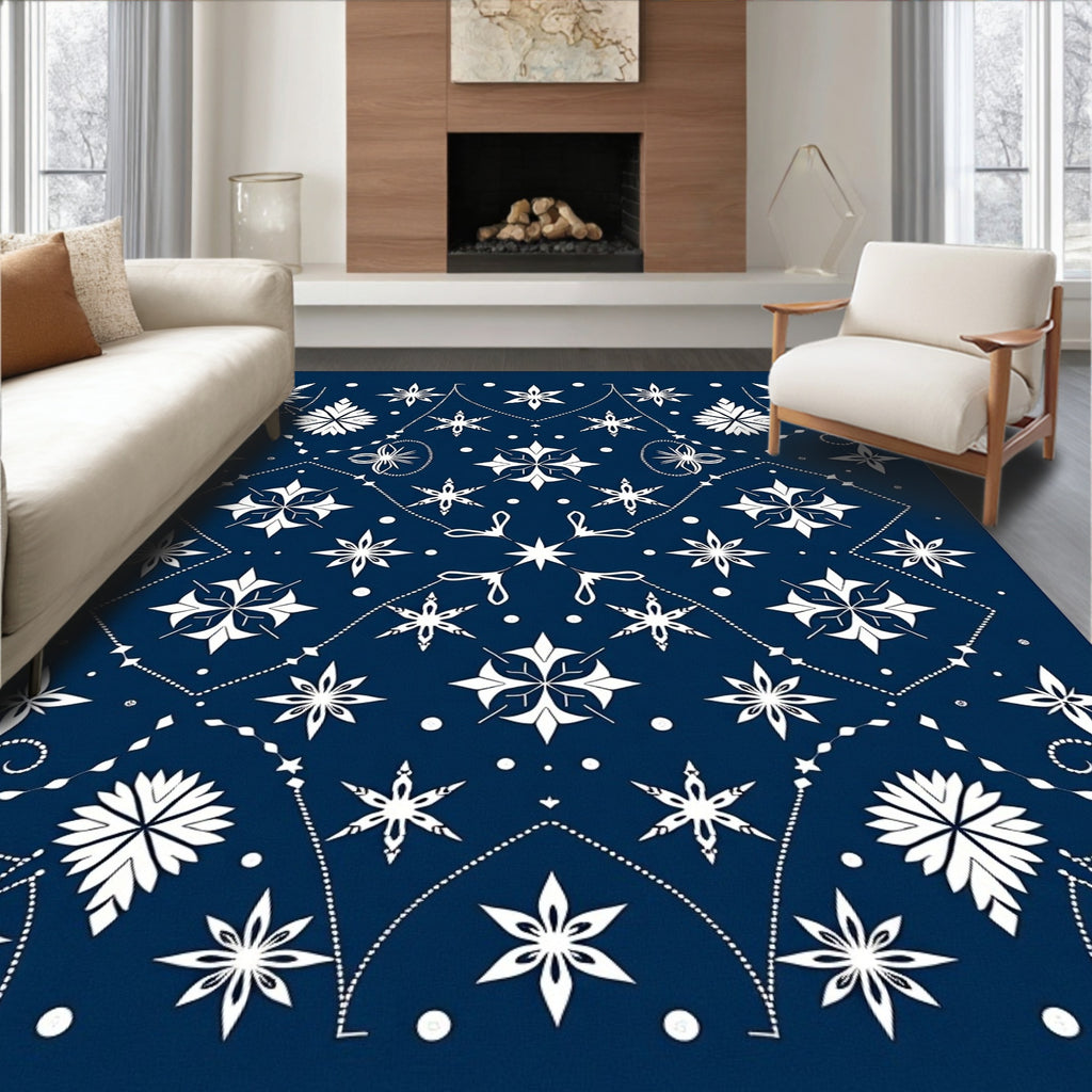Dark Blue White Starburst Mandala Rug