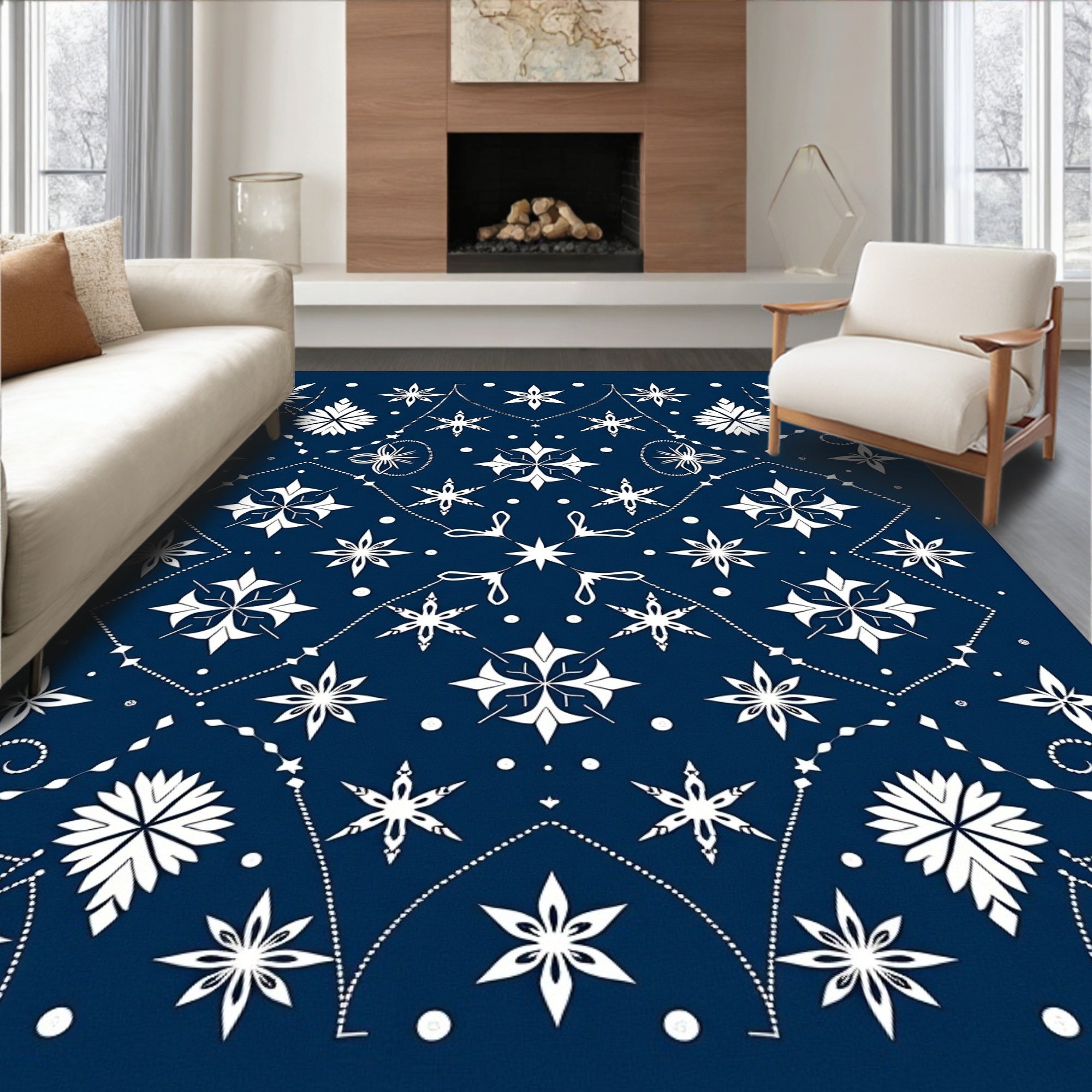Dark Blue White Starburst Mandala Rug