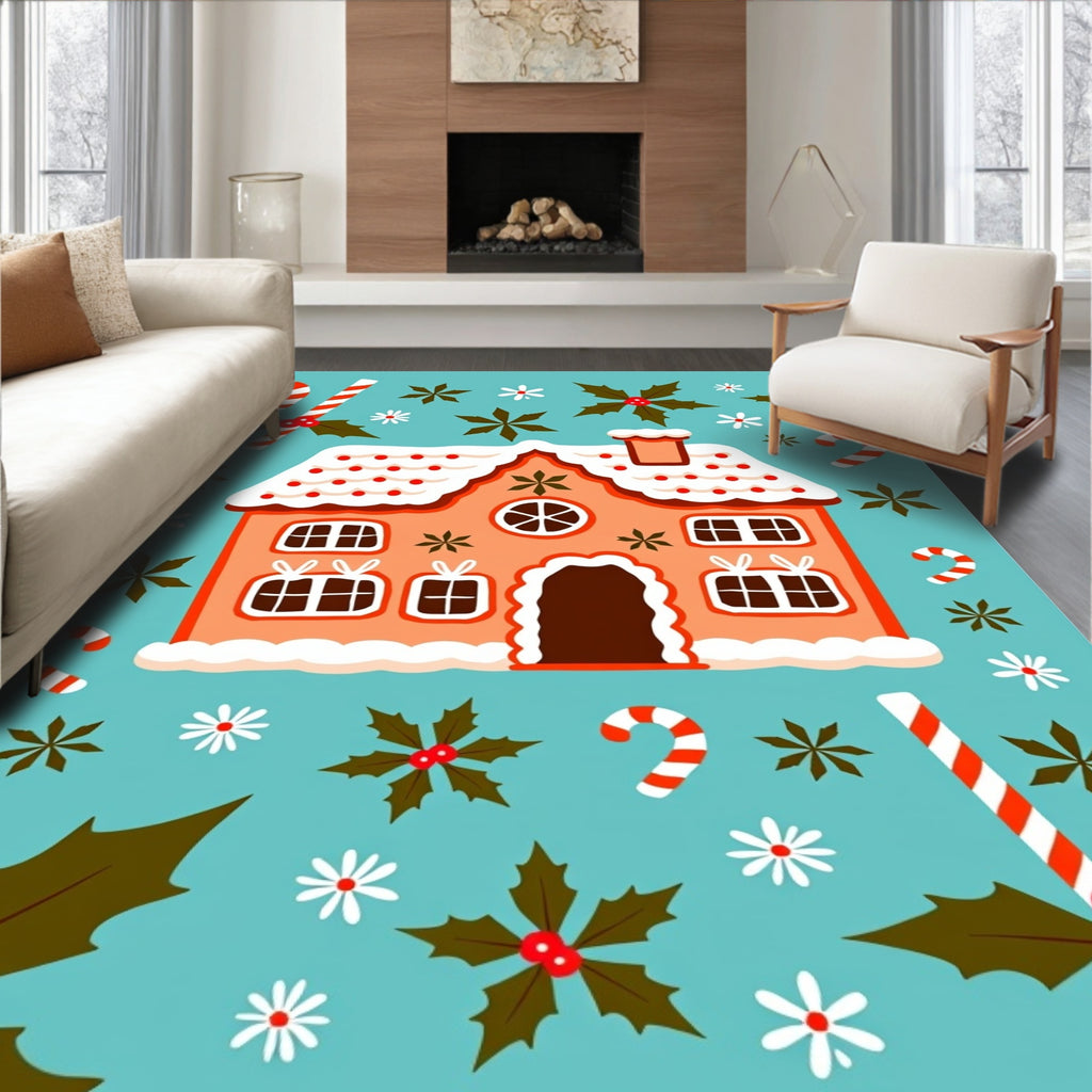 Orange Gingerbread House Candy Cane Holly Rug