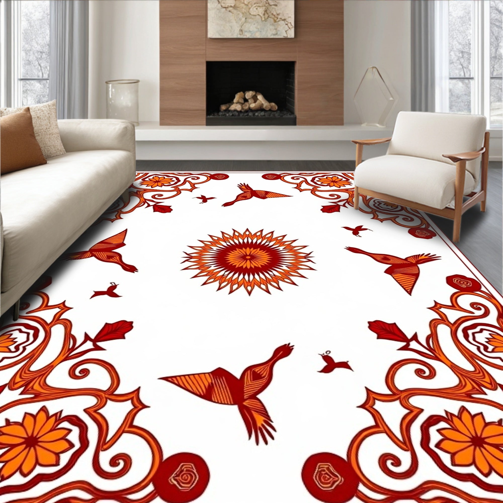 Red Orange Floral Birds Sunburst Rug