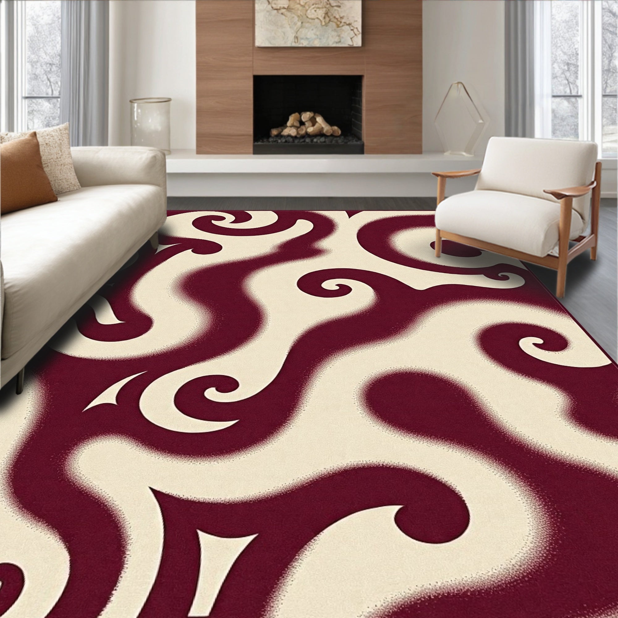 Burgundy Cream Swirl Abstract Rug