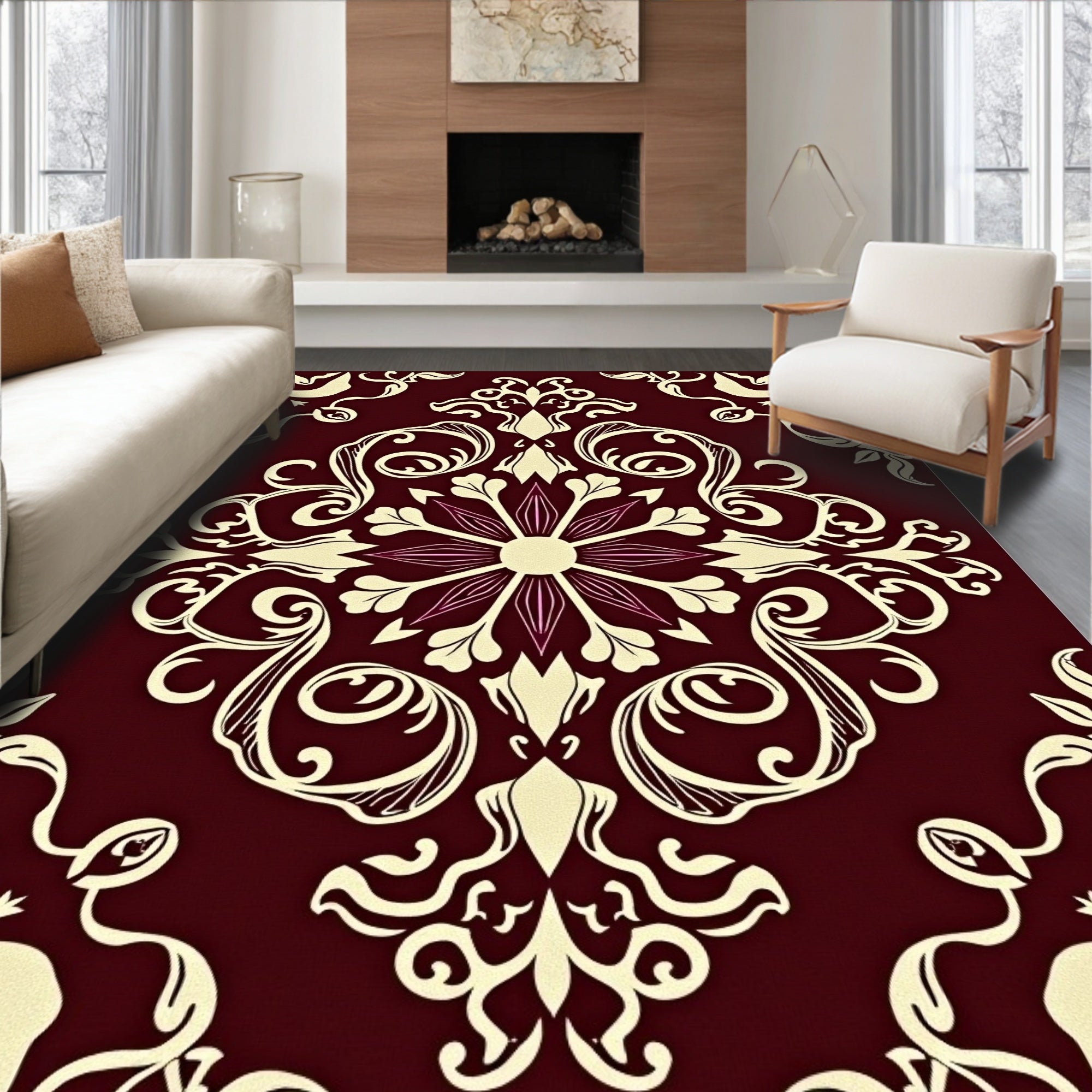 Crimson Floral Baroque Scroll Rug