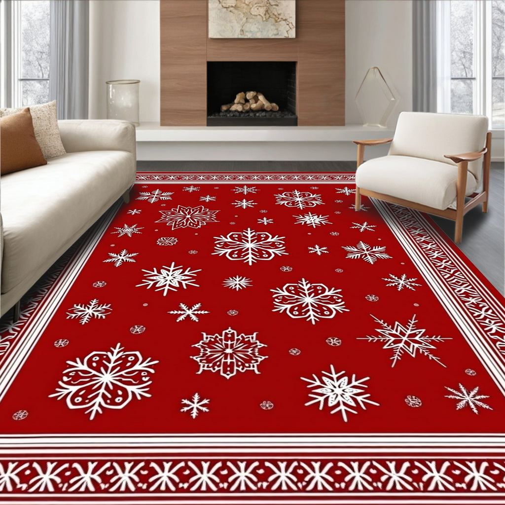 Red White Snowflake Festive Border Rug