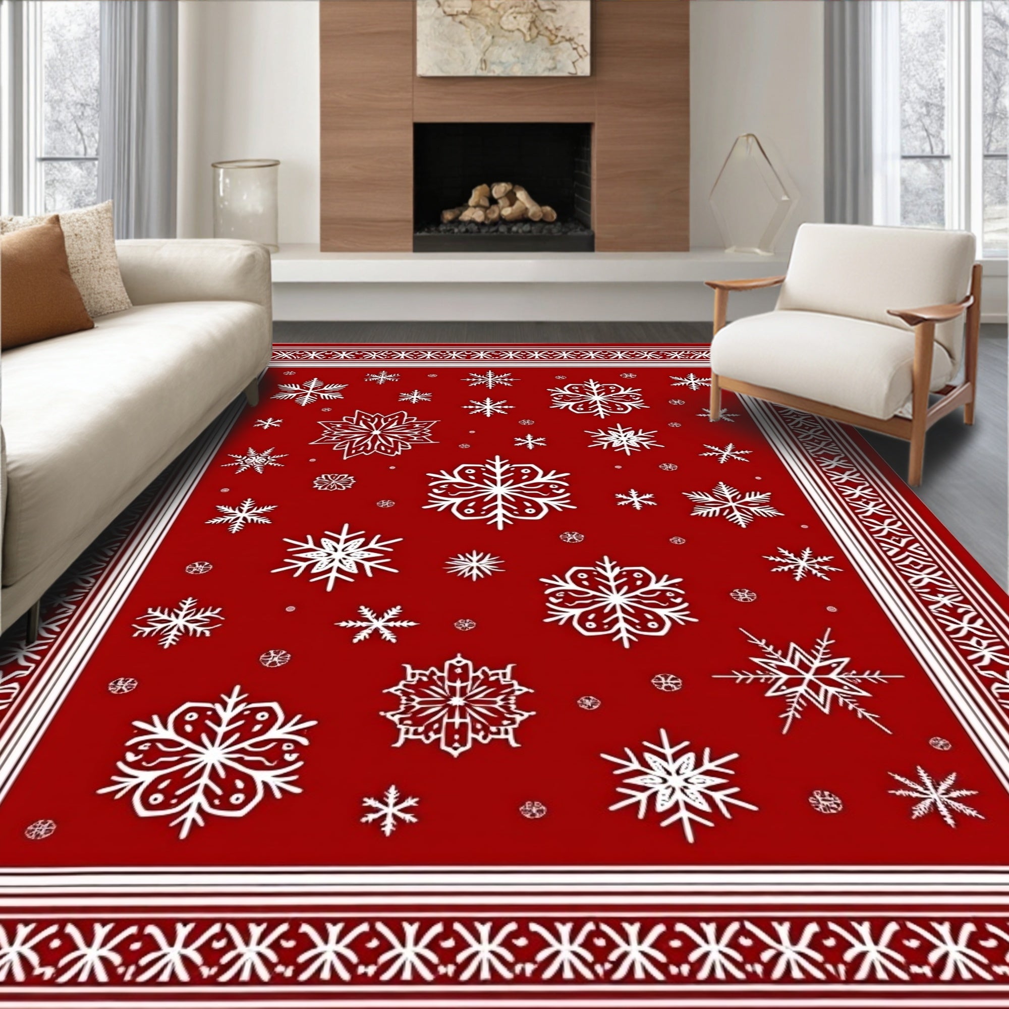 Red White Snowflake Festive Border Rug