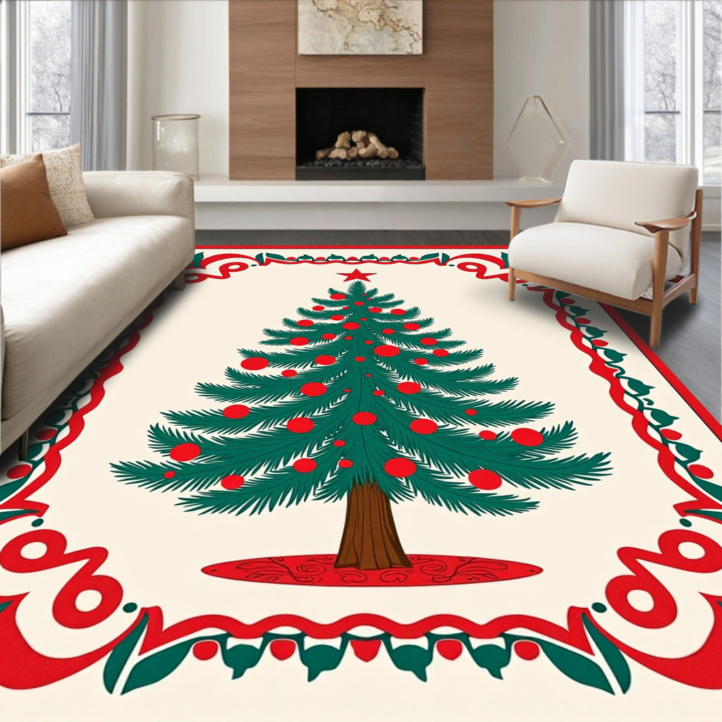 Festive Green Christmas Tree Red Border Rug