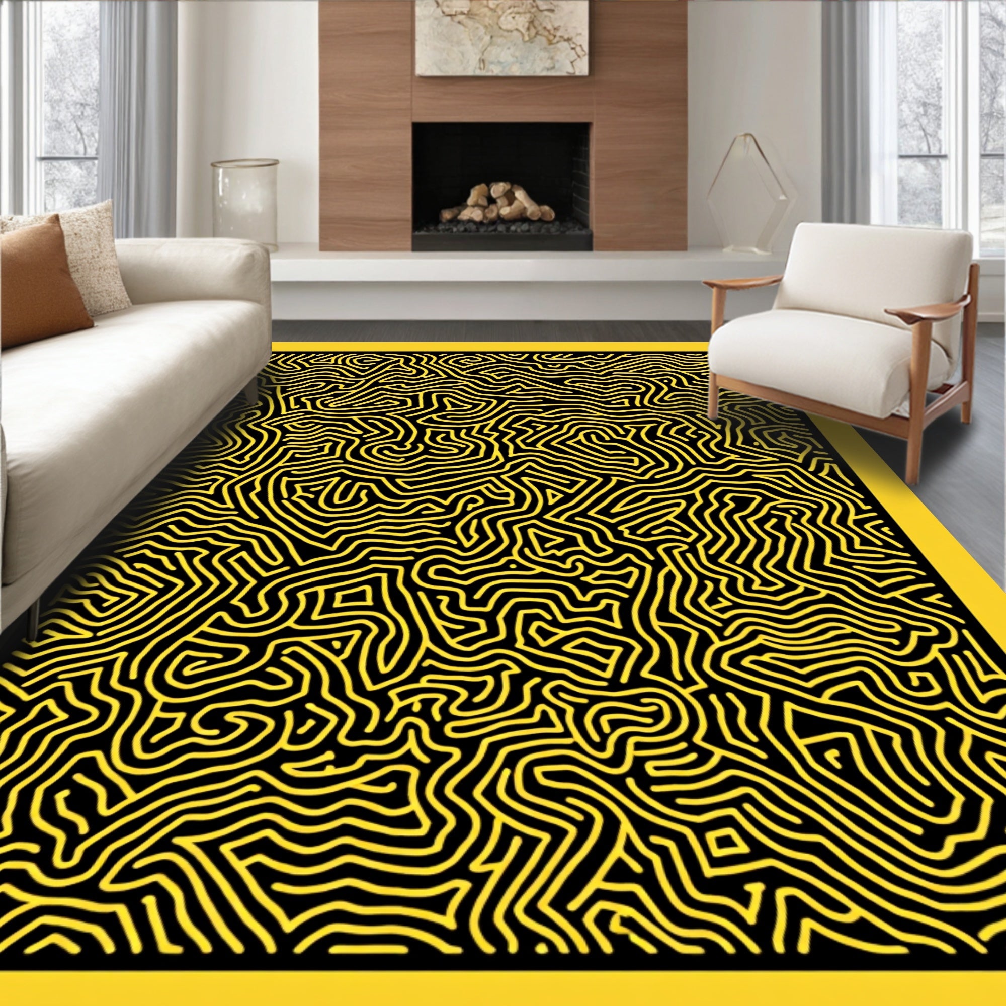 Bold Yellow Black Organic Maze Rug
