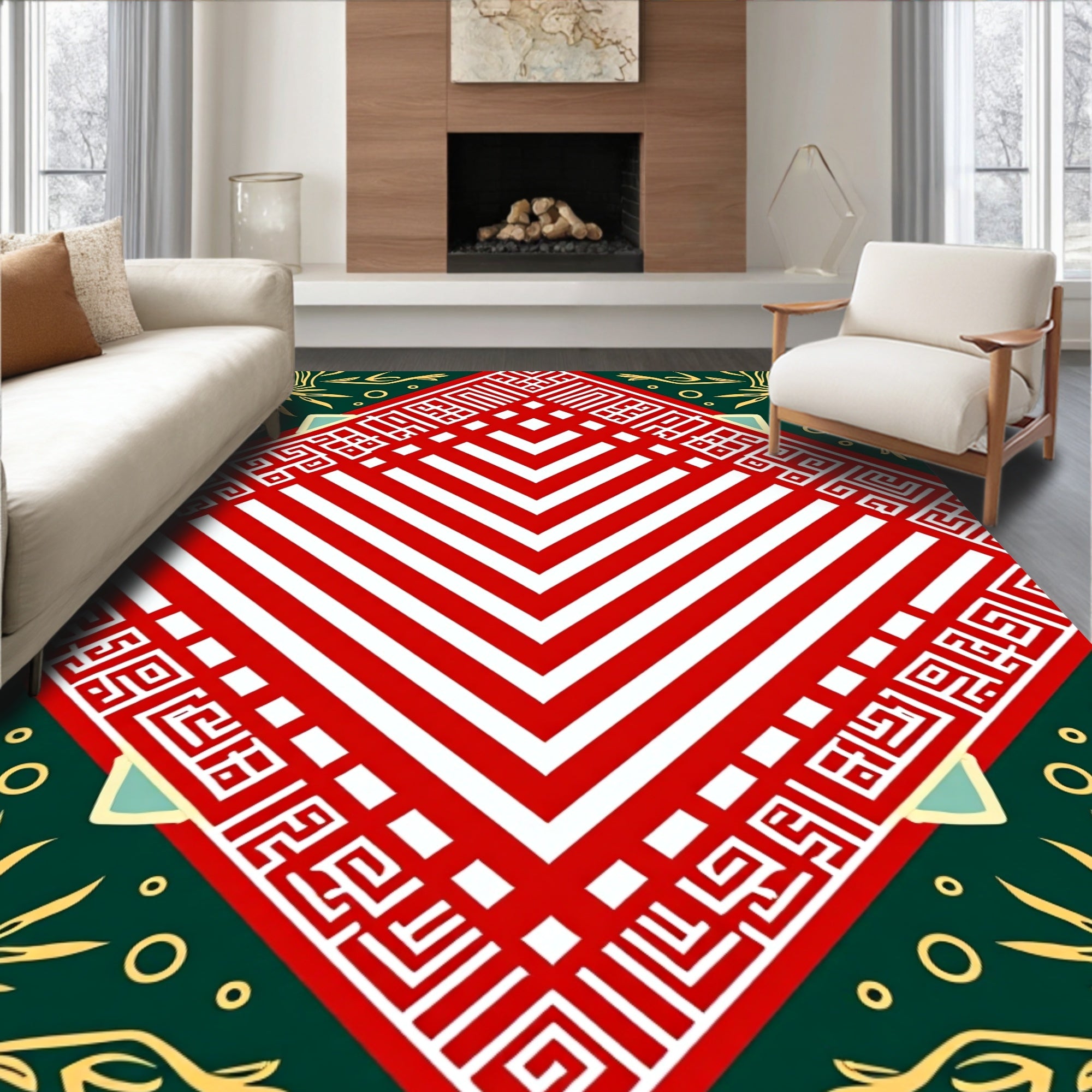 Red White Chevron Geometric Border Rug