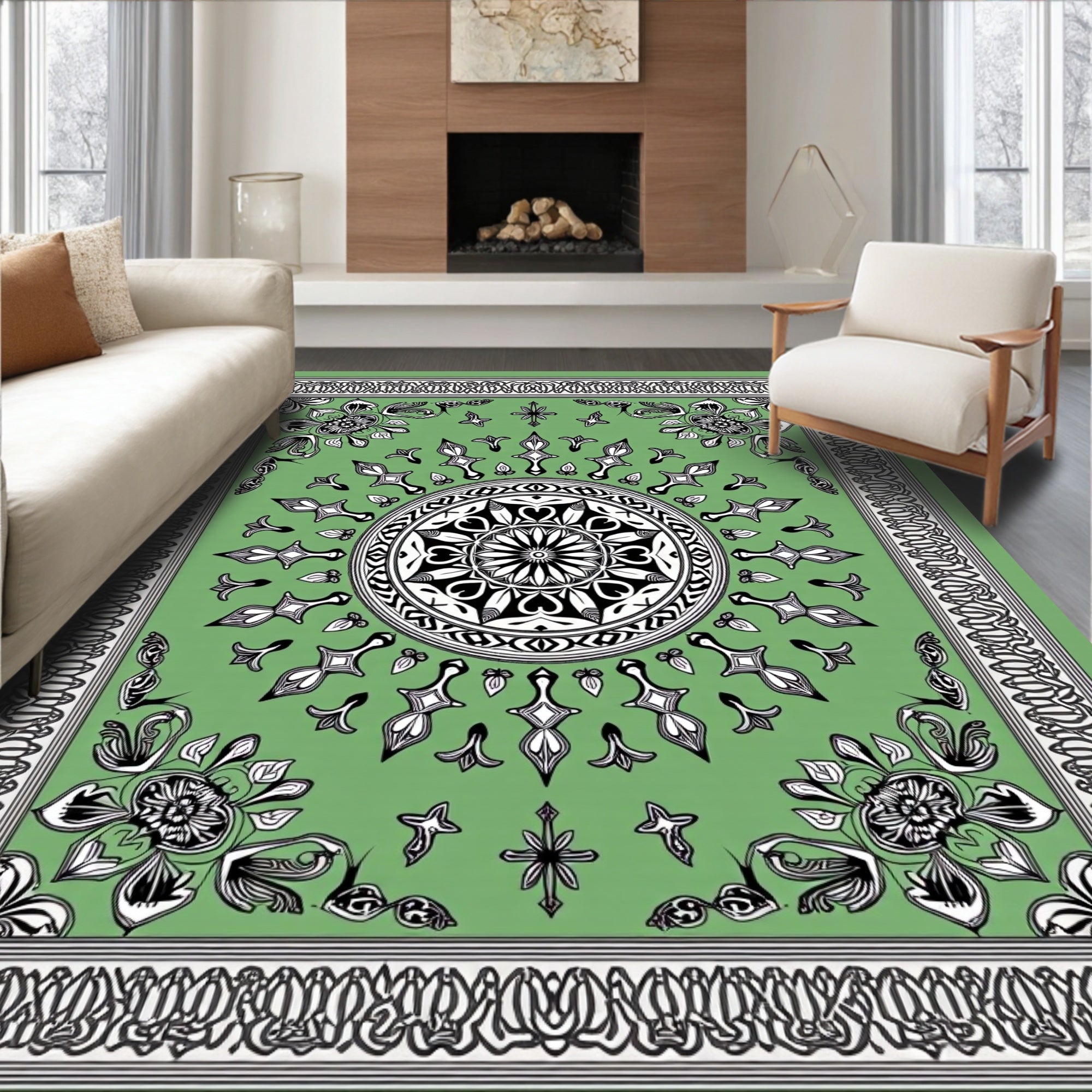 Bold Green Black Floral Mandala Rug
