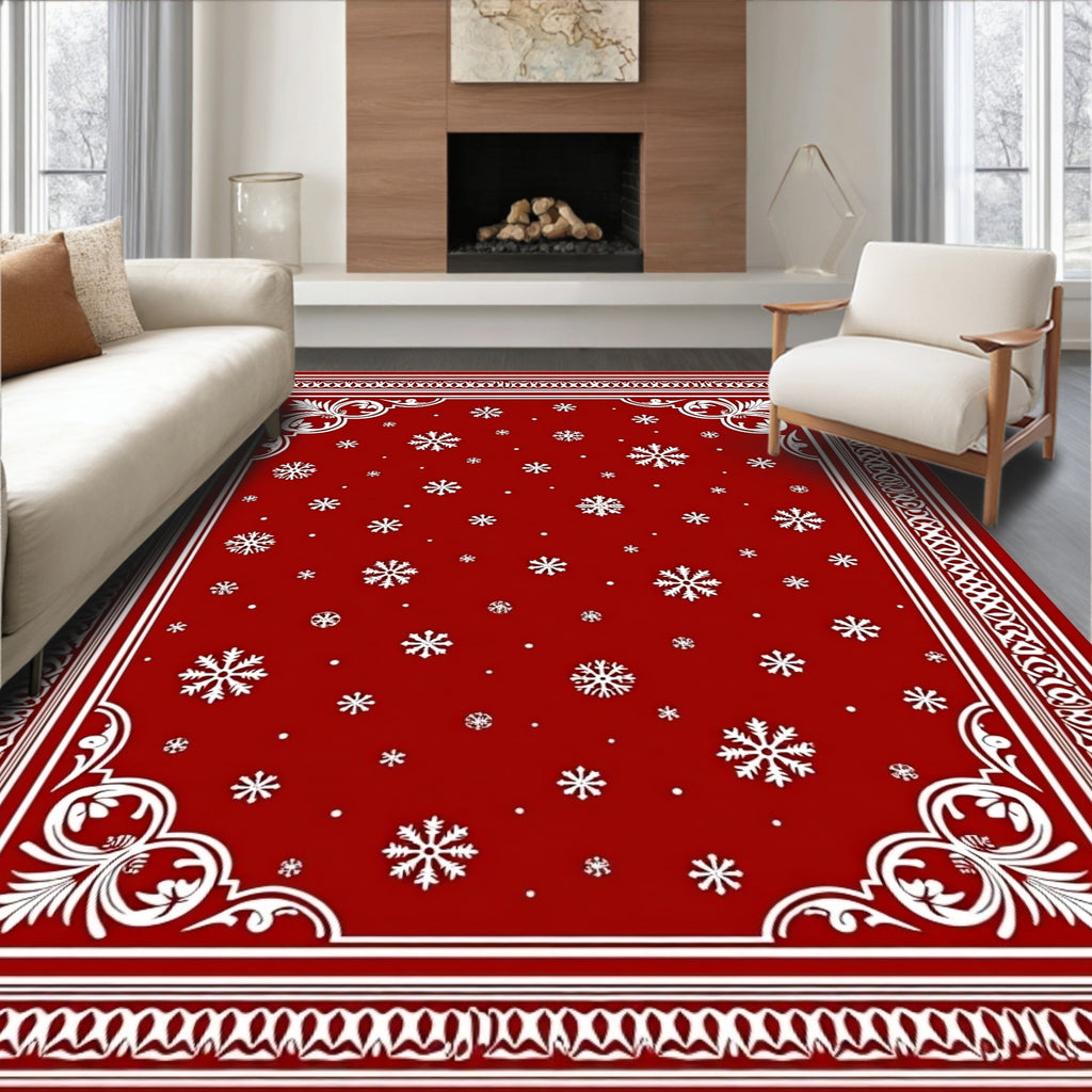 Crimson Snowfall Ornate Border Rug