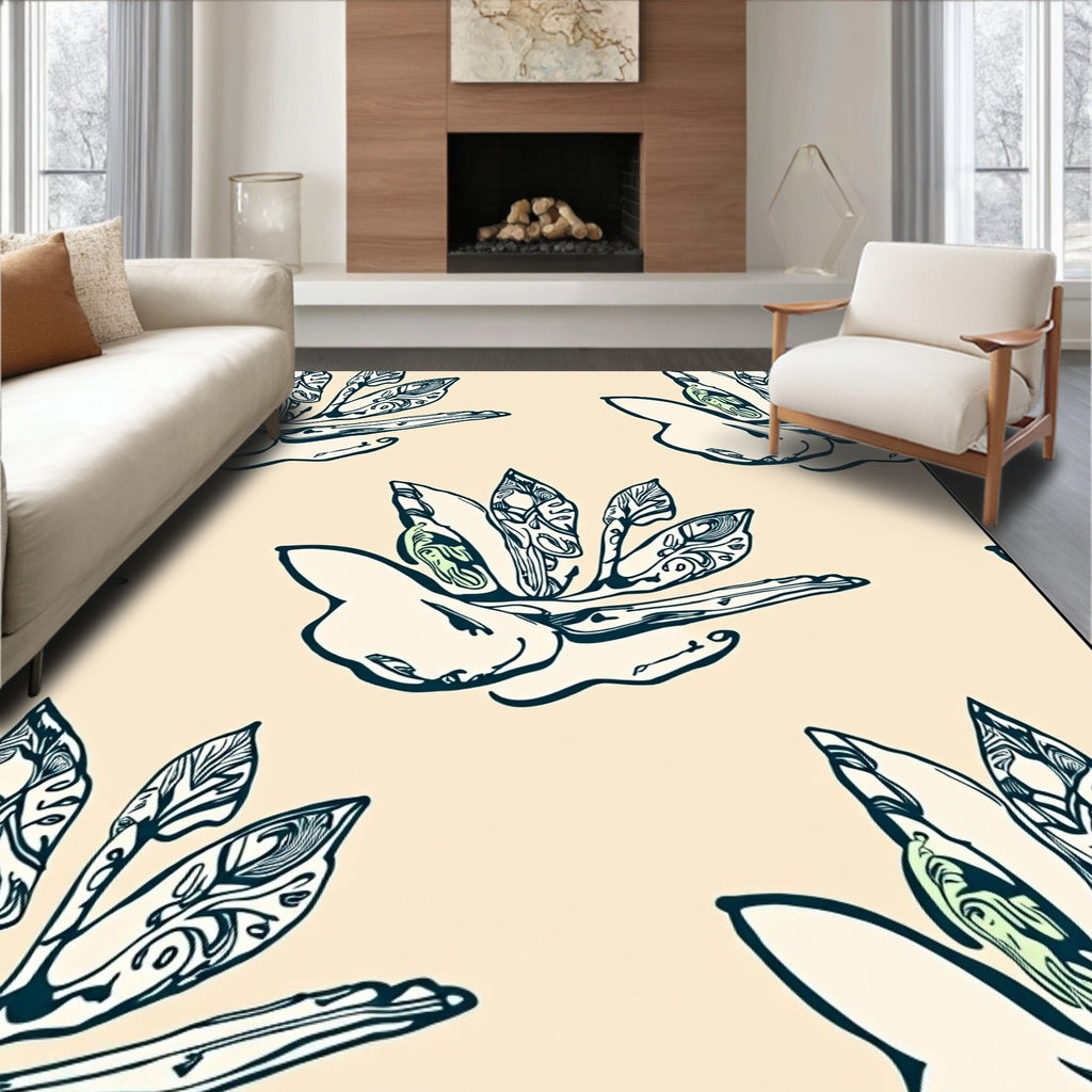 Cream Teal Botanical Bloom Repeating Layout Rug