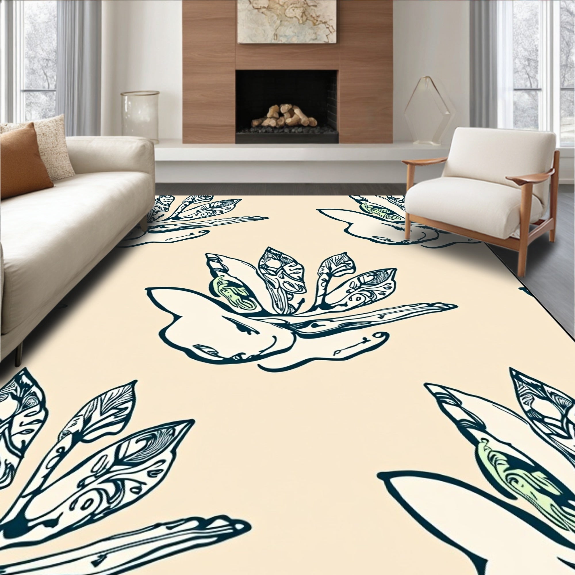 Cream Teal Botanical Bloom Repeating Layout Rug