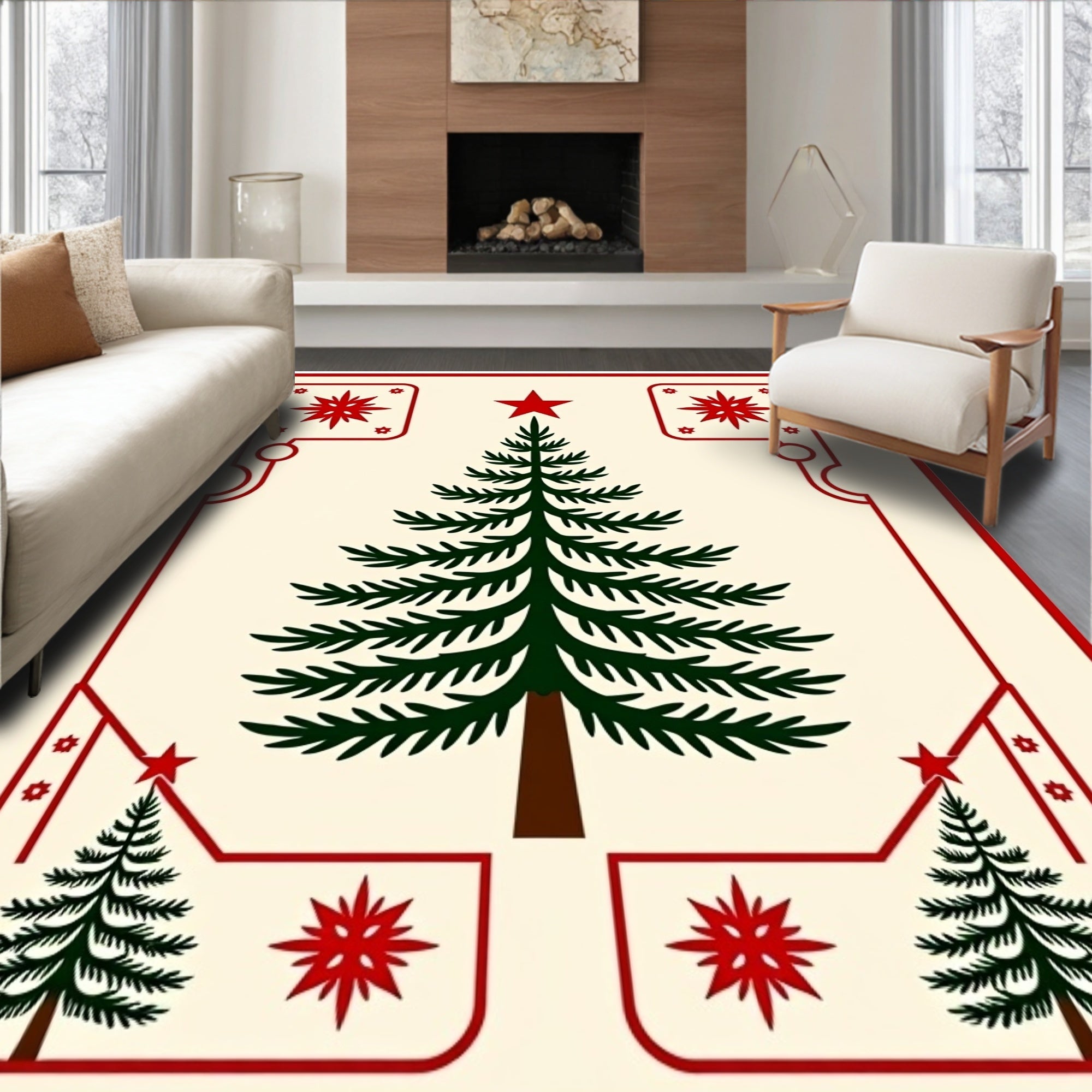 Festive Red Pine Tree Quilt Rug