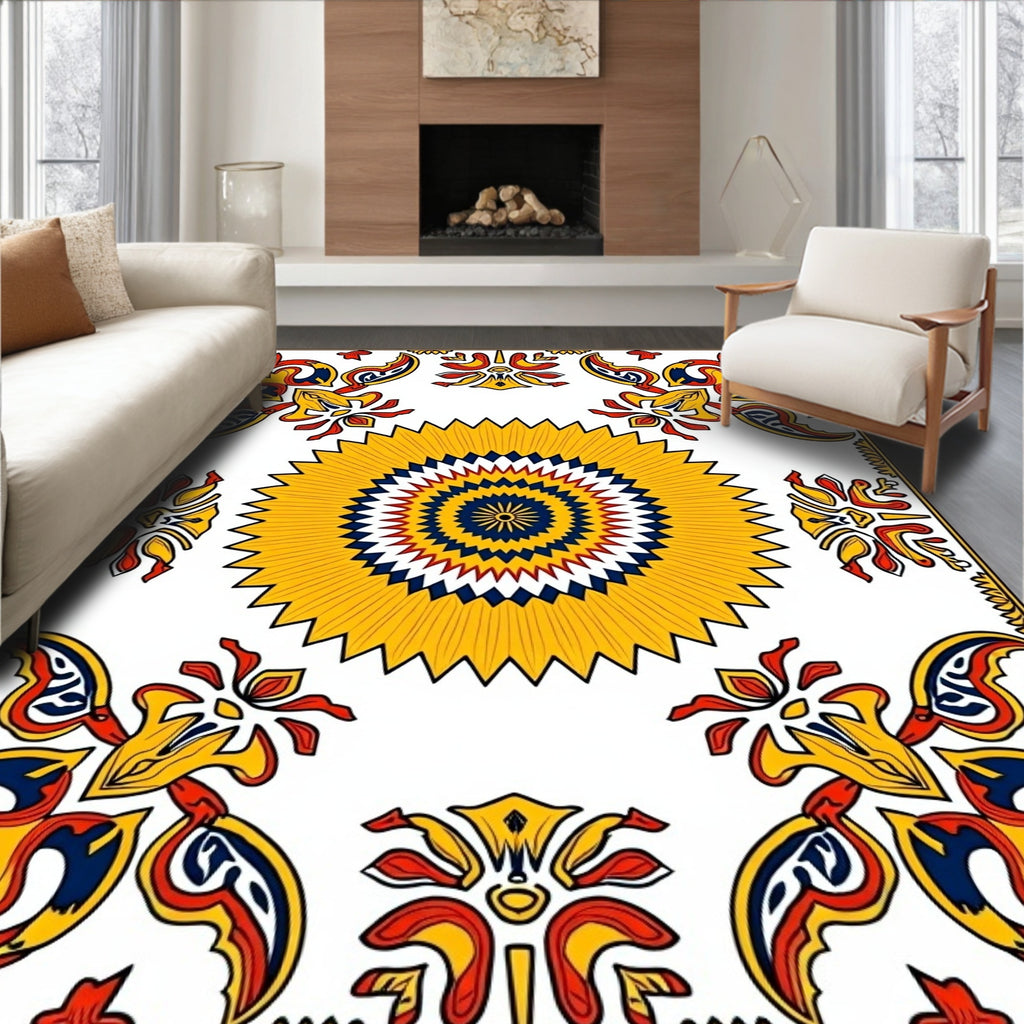 Yellow Red Blue Sunburst Medallion Rug