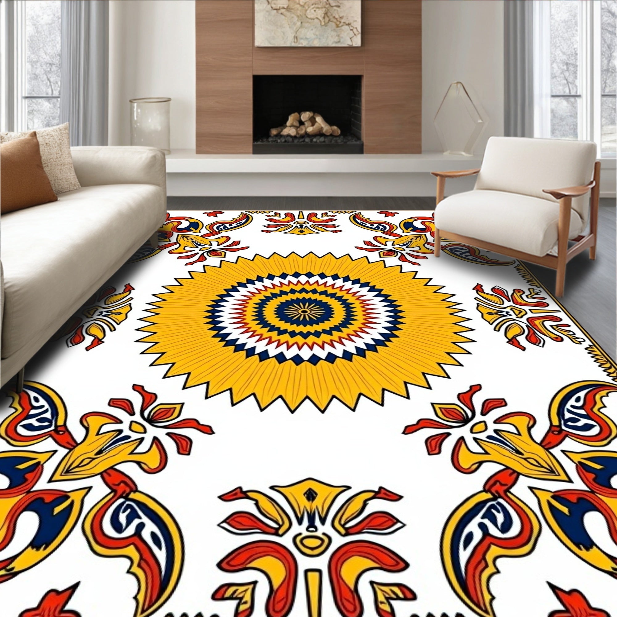 Yellow Red Blue Sunburst Medallion Rug