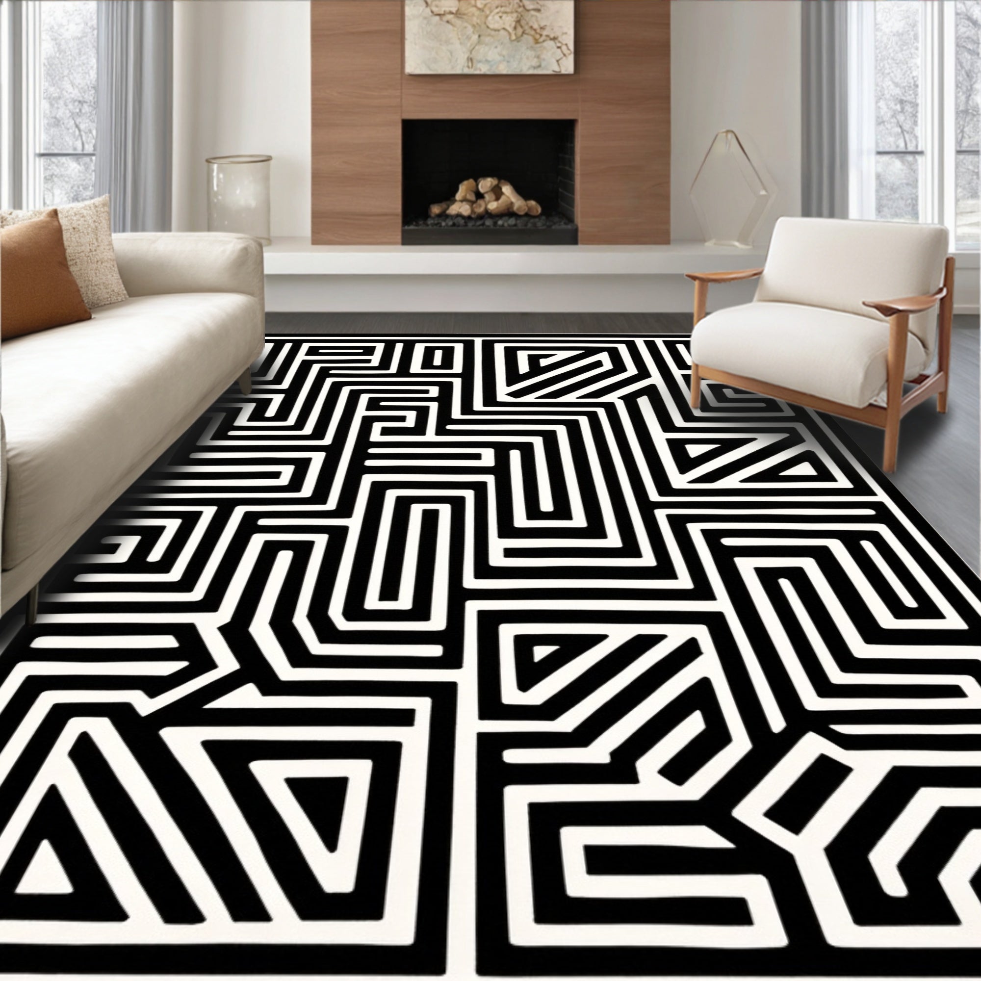 Monochrome Maze Geometric Black White Rug