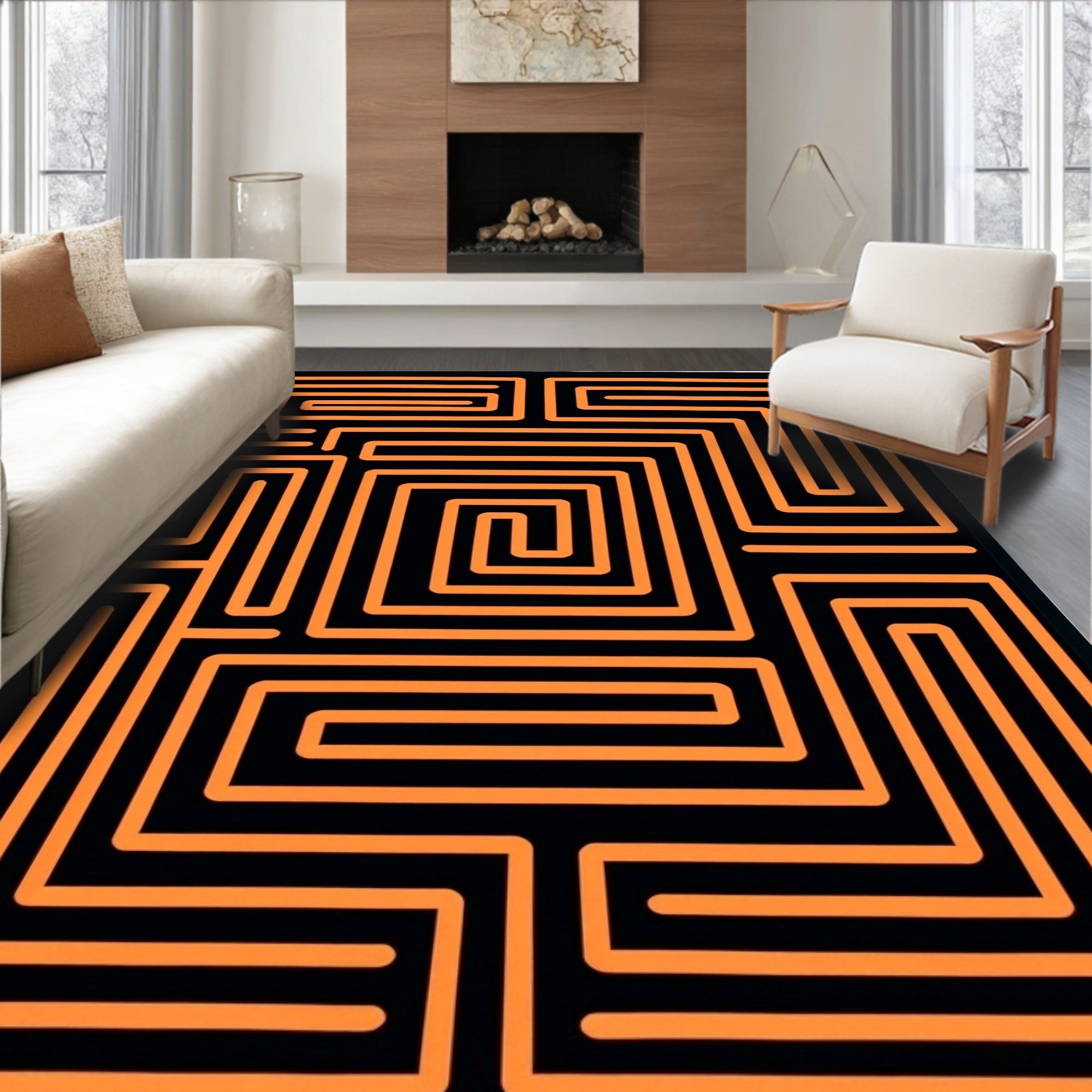 Black Orange Maze Lines Rug