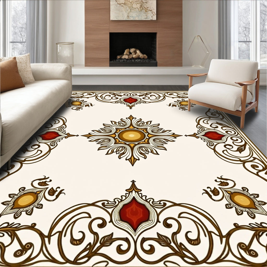 Ornate Burgundy and Gold Scrollwork Rug