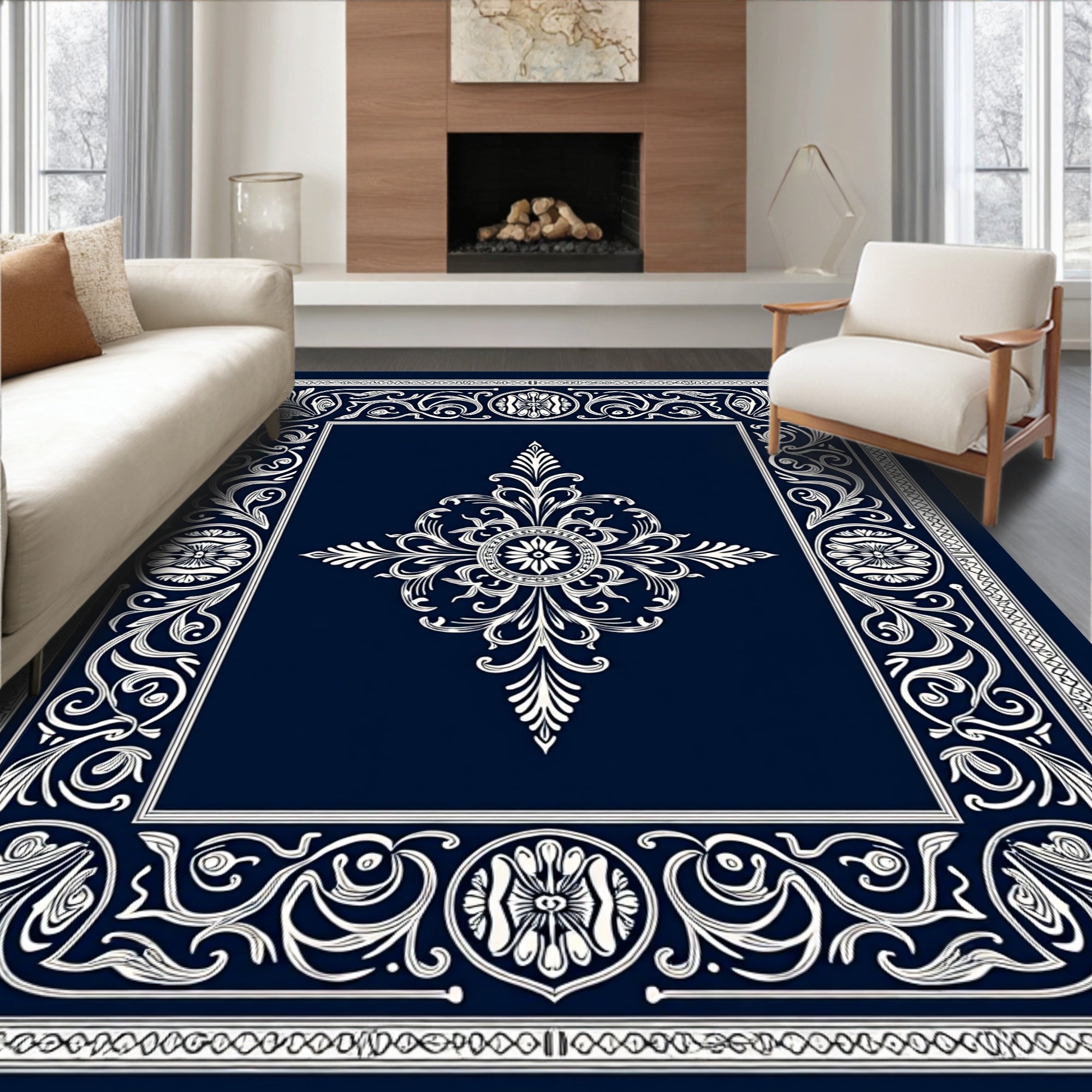 Navy White Intricate Floral Medallion Rug