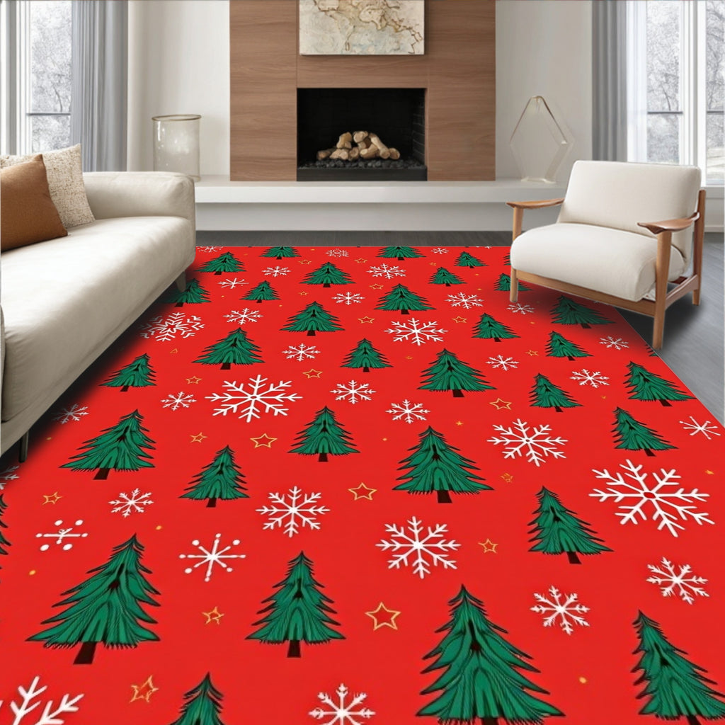 Festive Green Trees White Snowflakes Red Rug
