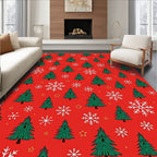 Festive Green Trees White Snowflakes Red Rug
