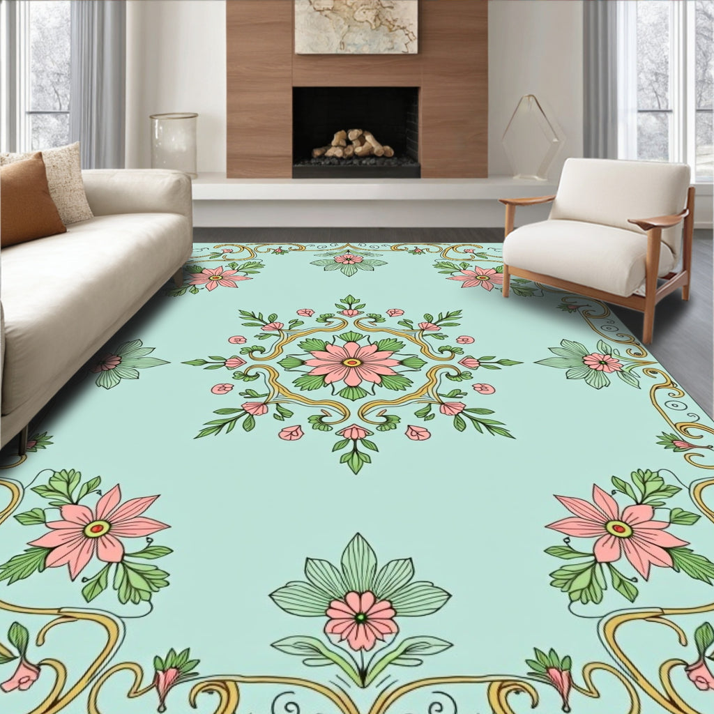 Art Nouveau Pink Floral Border Rug