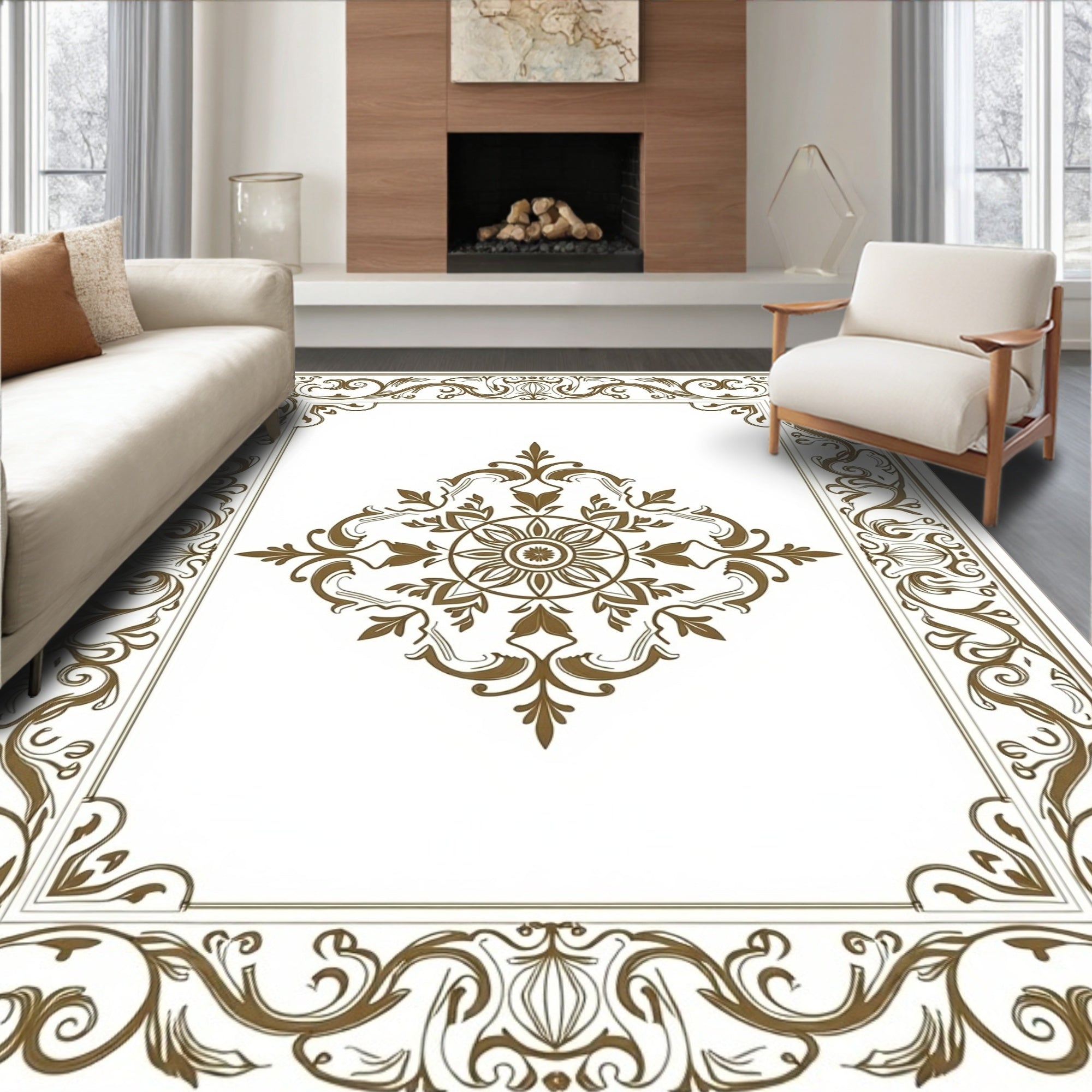 Ornate Golden Floral Medallion Frame Rug