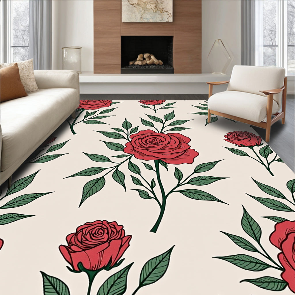 Red Rose Floral Botanical Garden Rug