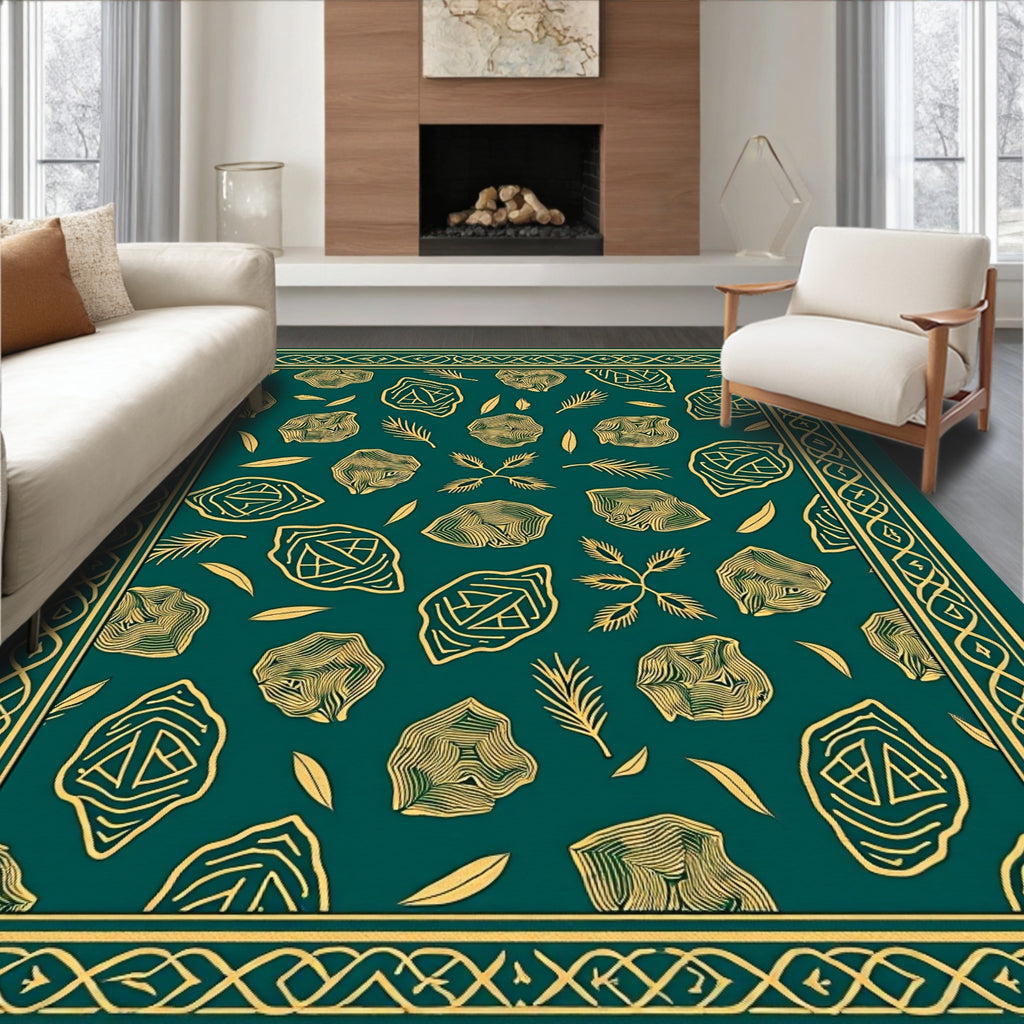 Emerald Green Abstract Leaf Border Rug