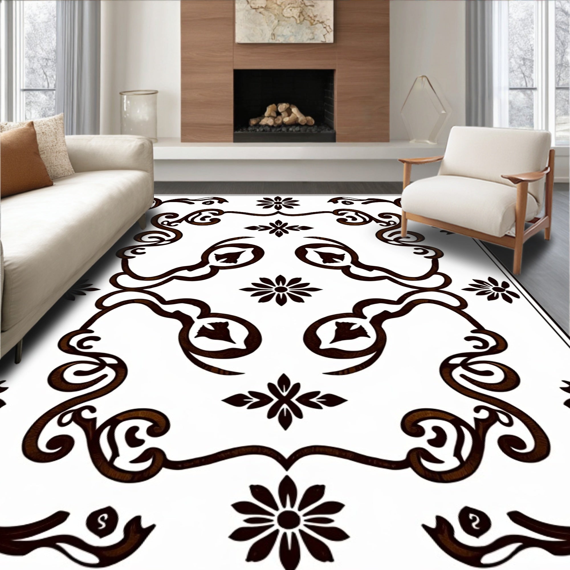 Ornate Dark Brown Floral Vine Rug