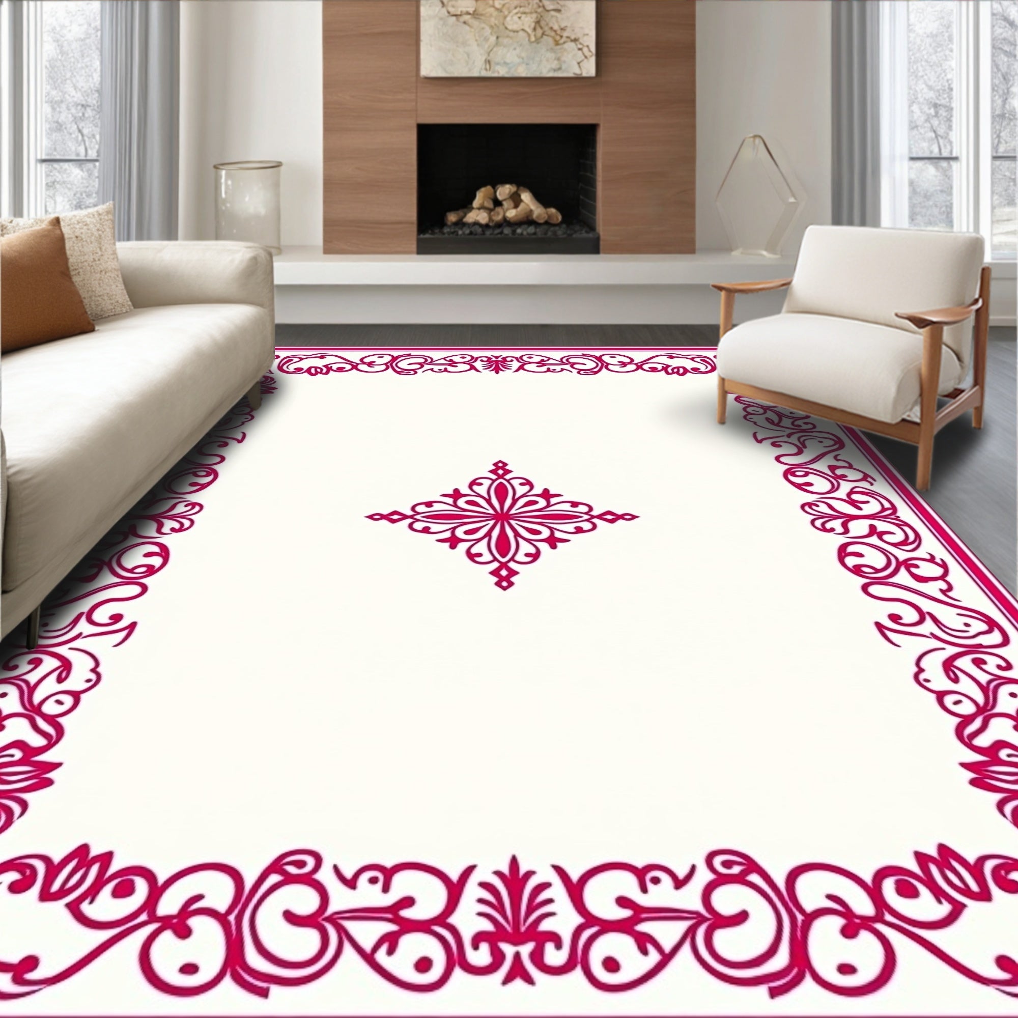 Bright Pink Scrollwork Medallion Frame Rug