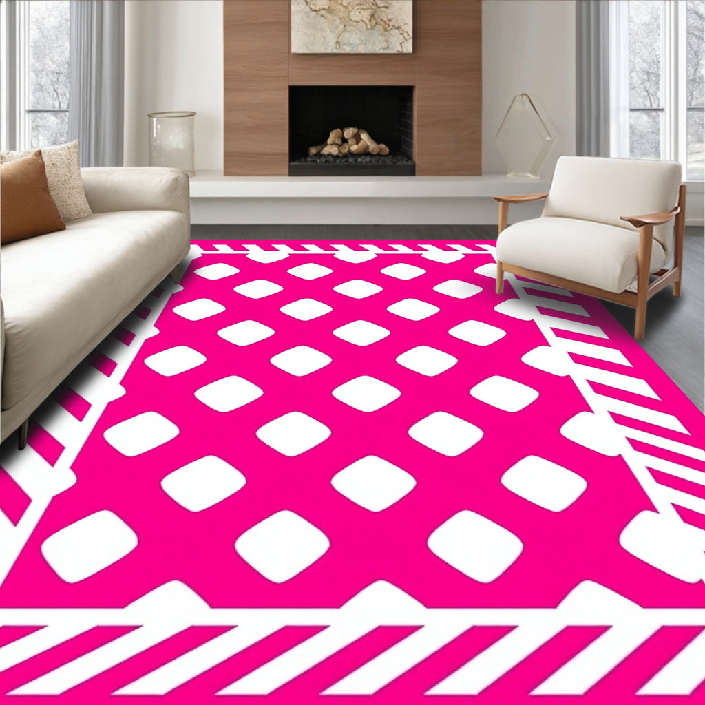 Hot Pink Geometric Lattice Diagonal Stripe Rug