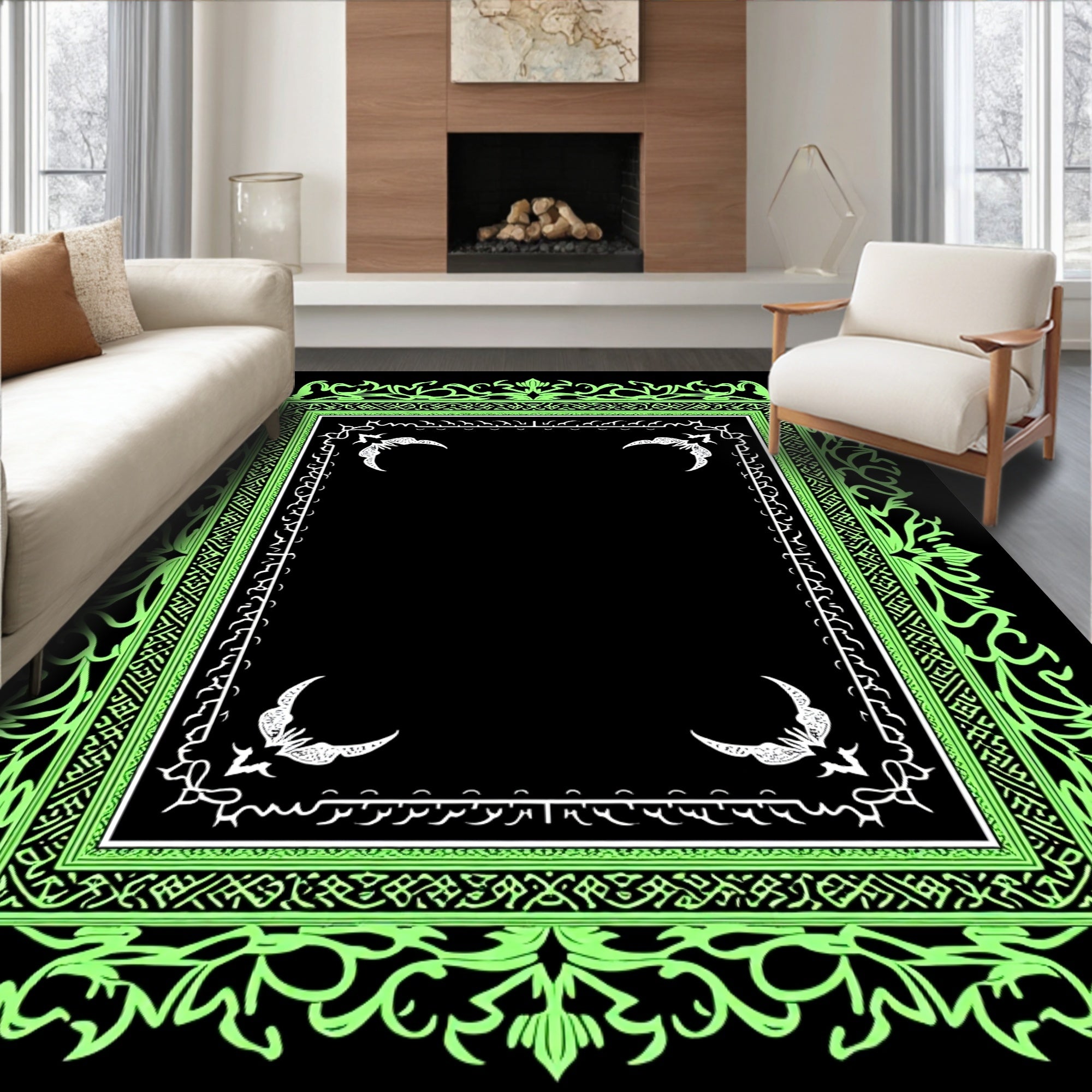 Ornate Neon Green Floral Scroll Frame Rug