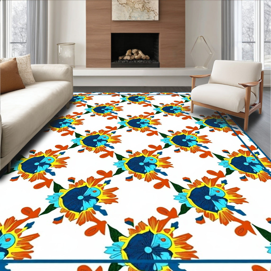 Vibrant Blue Yellow Floral Sunburst Rug