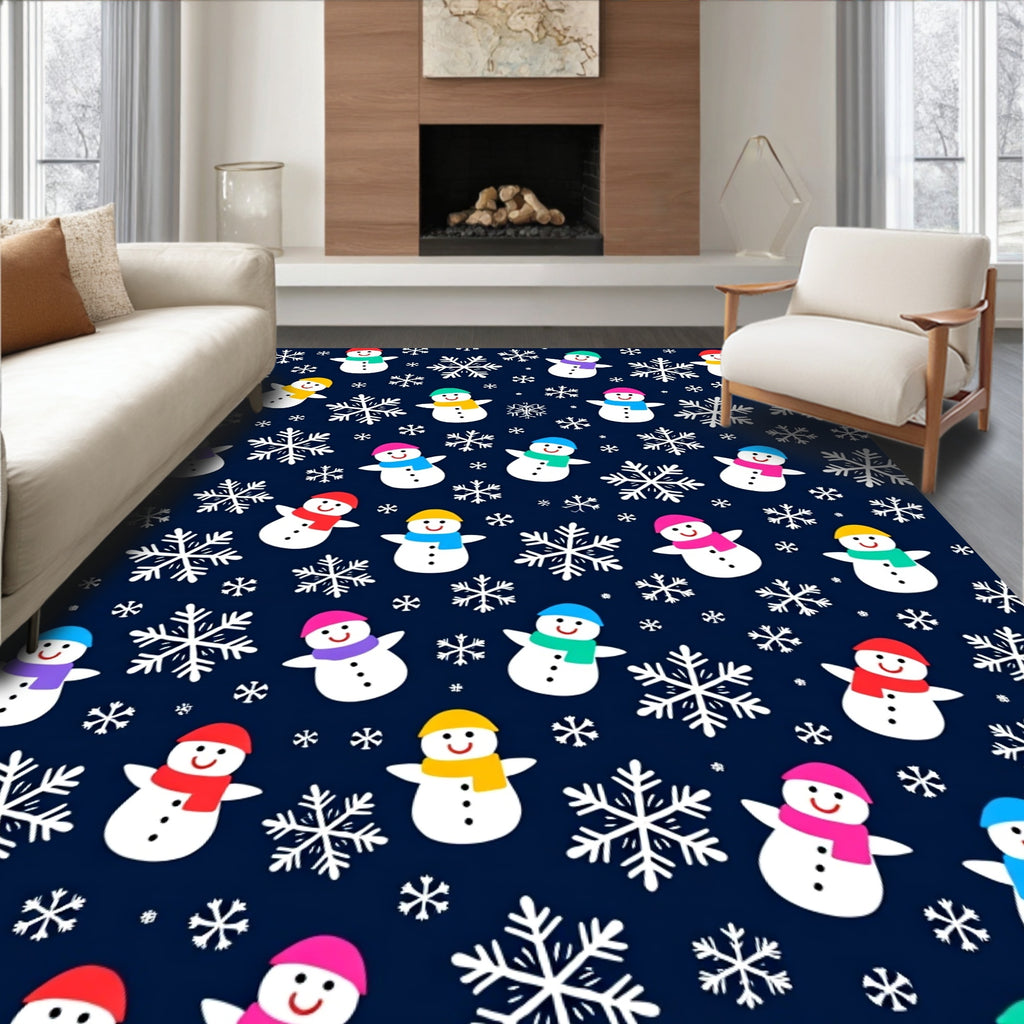 Winter Snowman Snowflake Navy Blue Rug